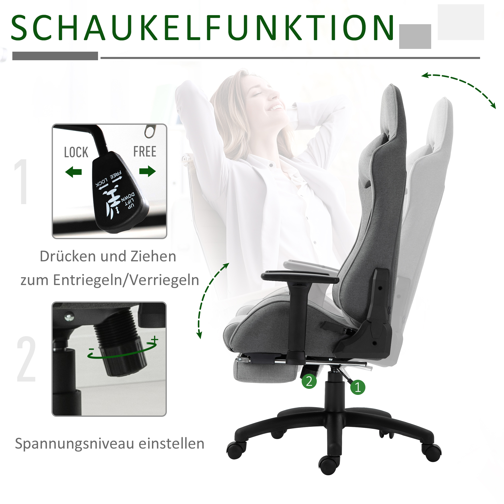 Bürostuhl Computerstuhl Drehstuhl mit abnehmbarem Kopf- und Lendenkissen Wippenfunktion ergonomischer Schreibtischstuhl drehbar höhenverstellbar mit Fußstütze PP Grau 73x57x127-135 cm