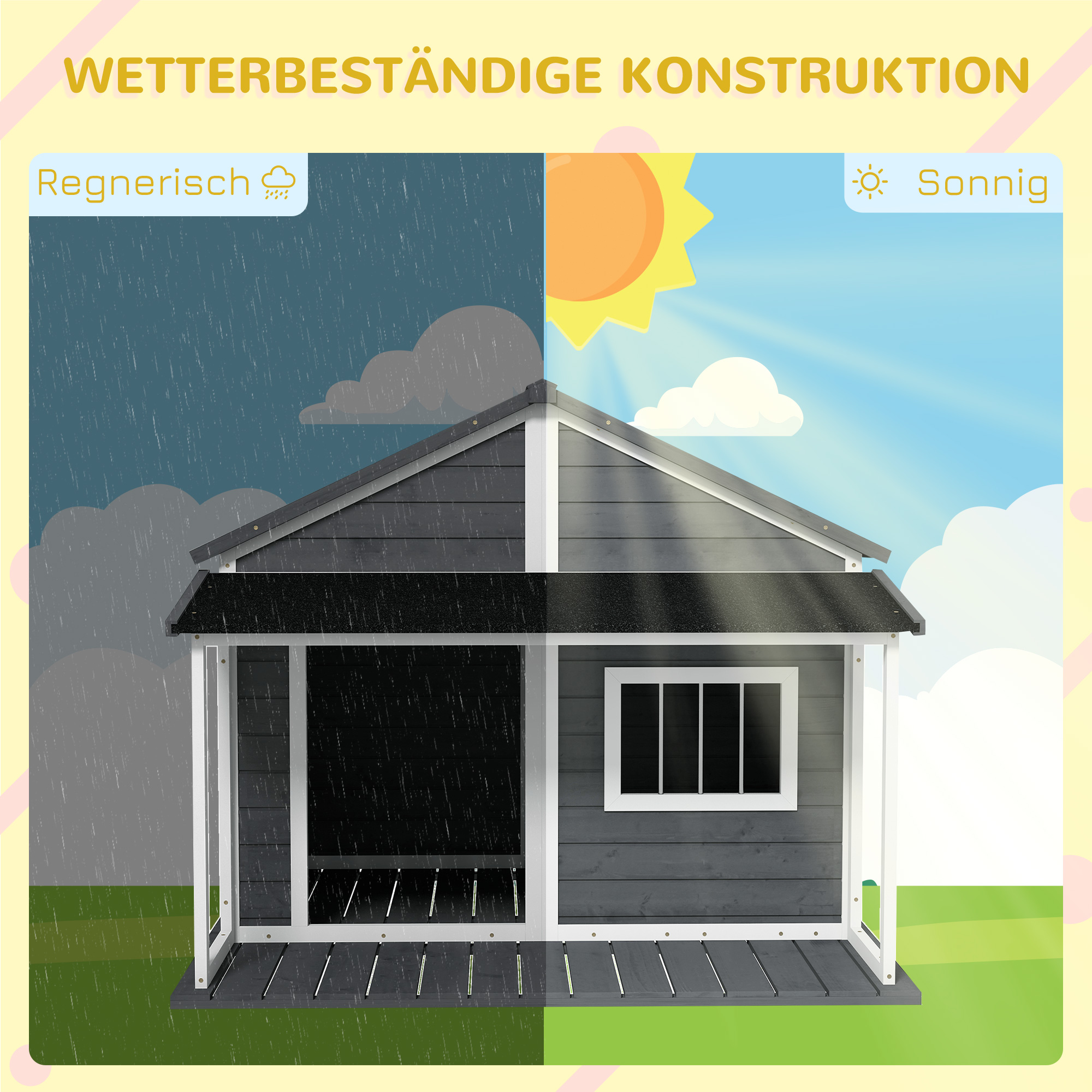 Hundehütte Outdoor-Hundehütte, inkl. Veranda, wetterbeständig, 124 cm x 112 cm x 105 cm, Grau + Weiß