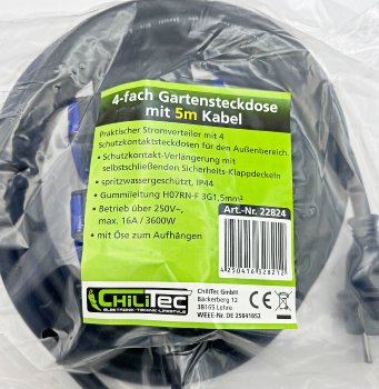 Werkstatt-Steckdose, 4-fach, 5m Kabel / IP44, mit Aufhänger, H07RN-F 3G1,5mm²