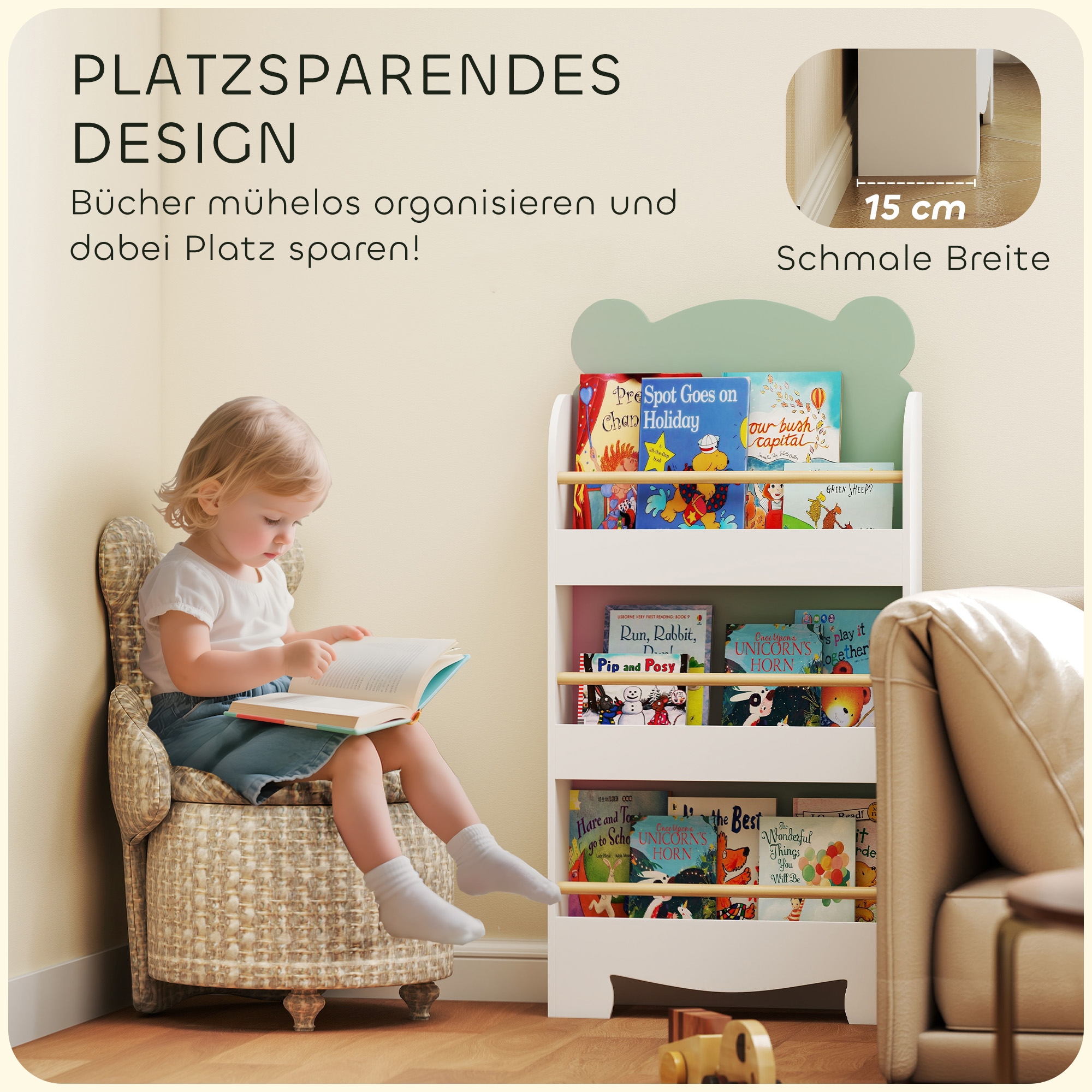 Bücherregal Kinder, 3-stufiges Kinderregal mit Bärenthema für Bücher Spielzeug Kinderzimmer, 55 x 15 x 110 cm, Grün