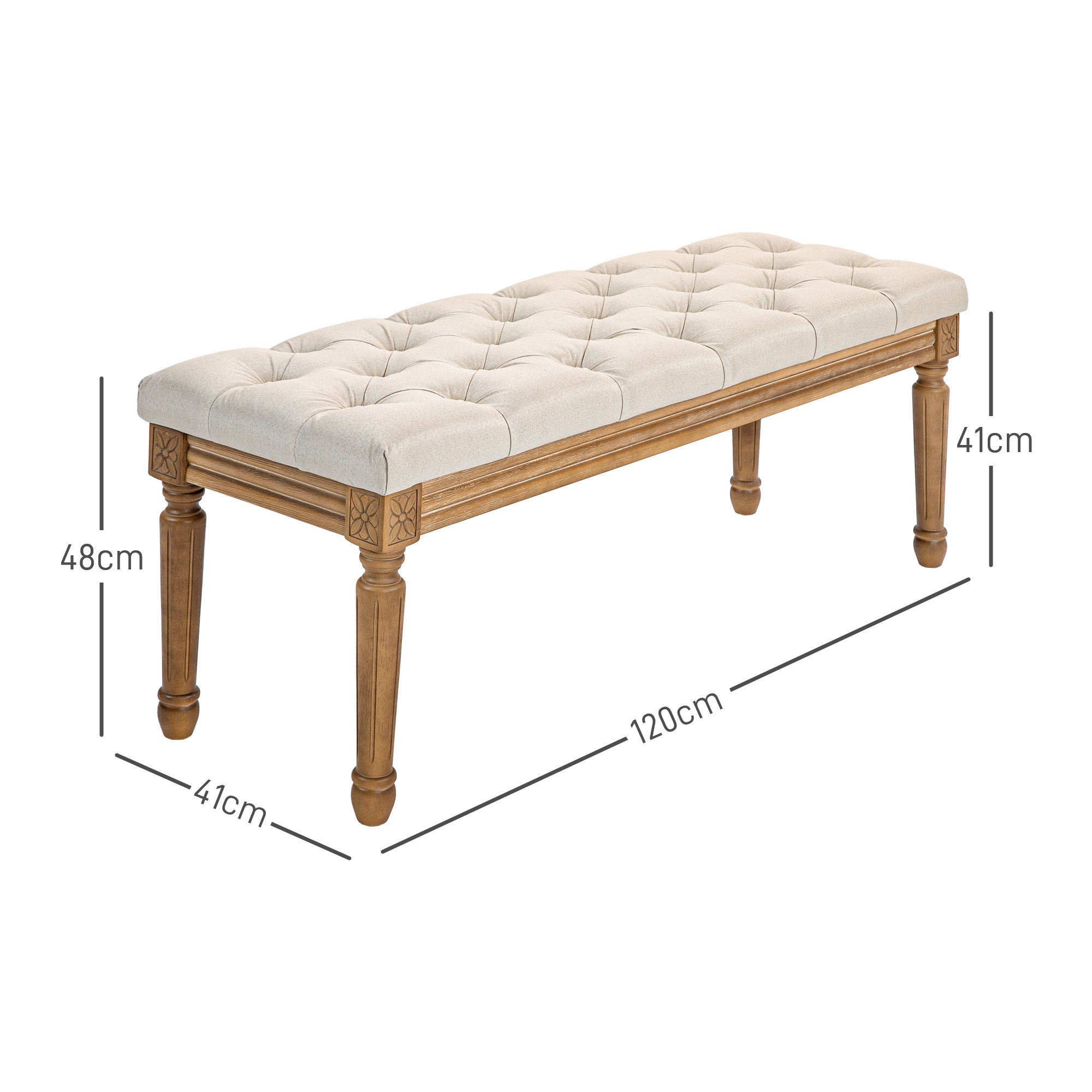 Polsterbank mit Knopfheftung, Bettbank, Vintage Design, 120x41x48cm, Cremeweiß