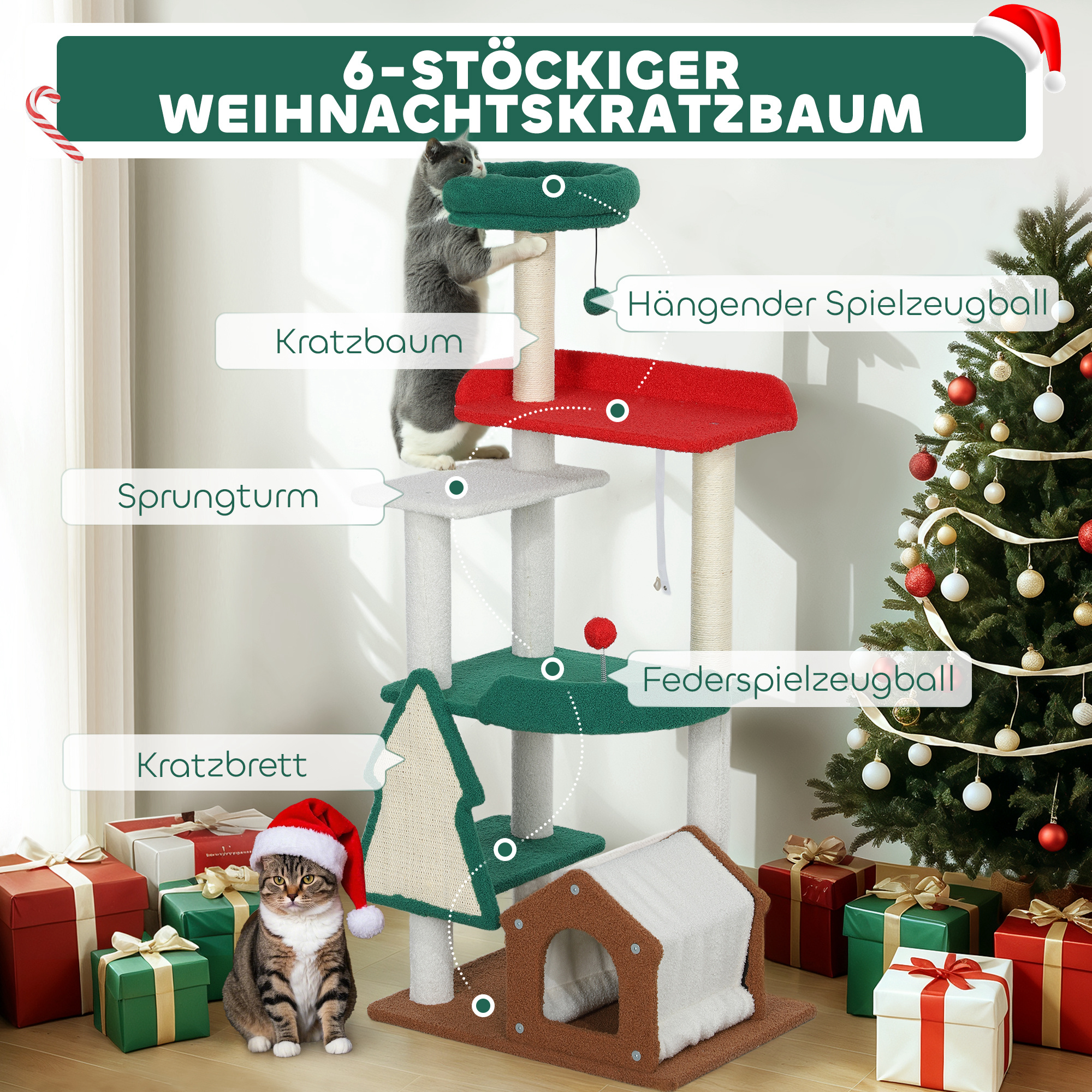 135 cm Katzenkratzbaum in Weihnachtsfarben mit Katzenbett, Katzenhaus, Kratzpfosten, Sprungplattformen, Spielzeugbällen