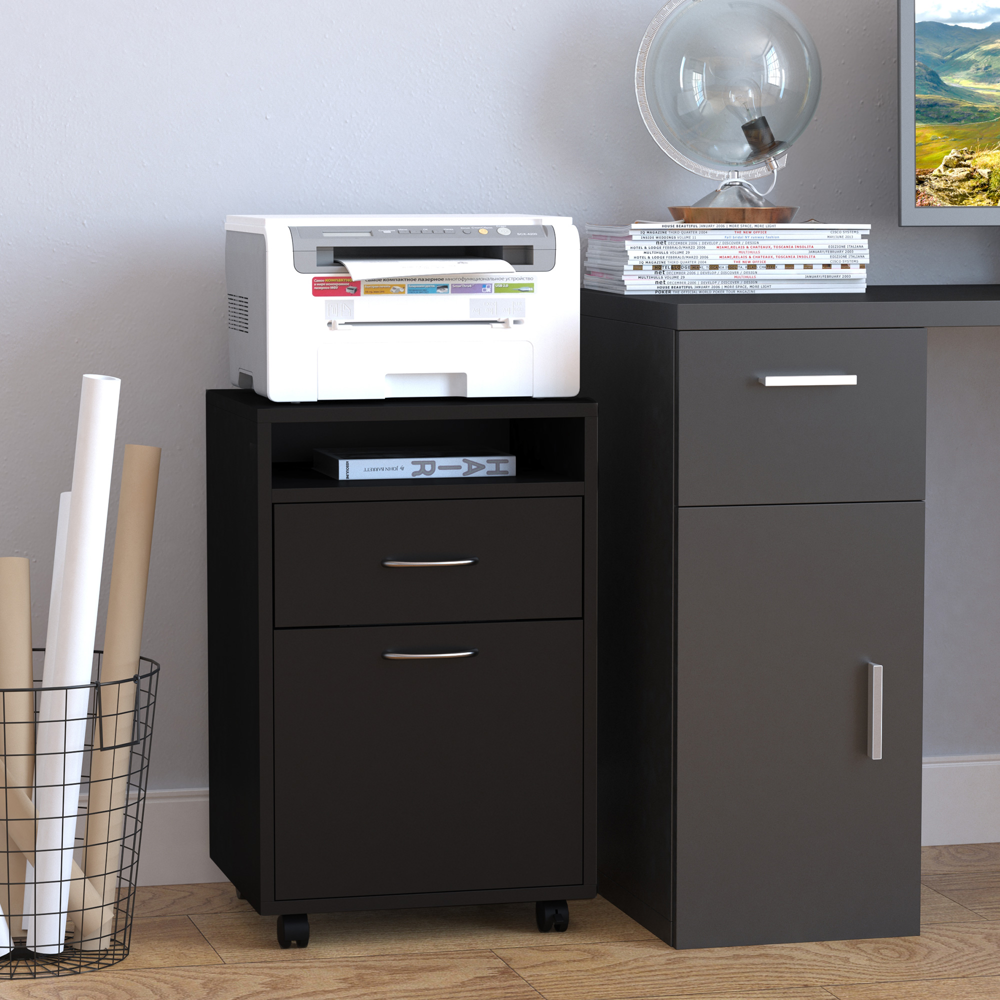 Rollcontainer Schubladencontainer Container, 1 Fach, 1 Regal, 1 Schublade, 40 cm x 3 cm x 60 cm, Schwarz