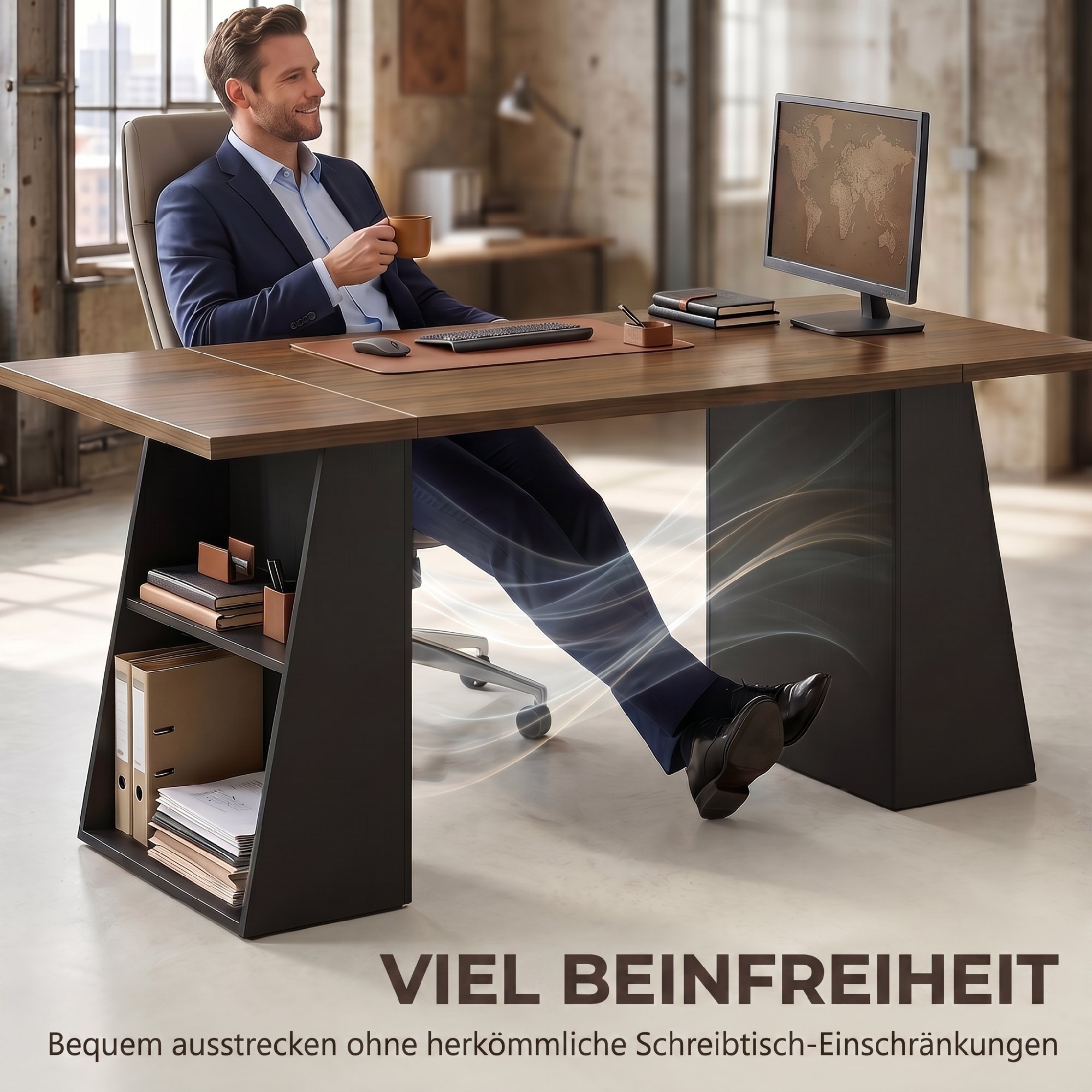 Schreibtisch mit 4 offenen Ablagen, Industrial Design, 140 cm, Braun-Schwarz