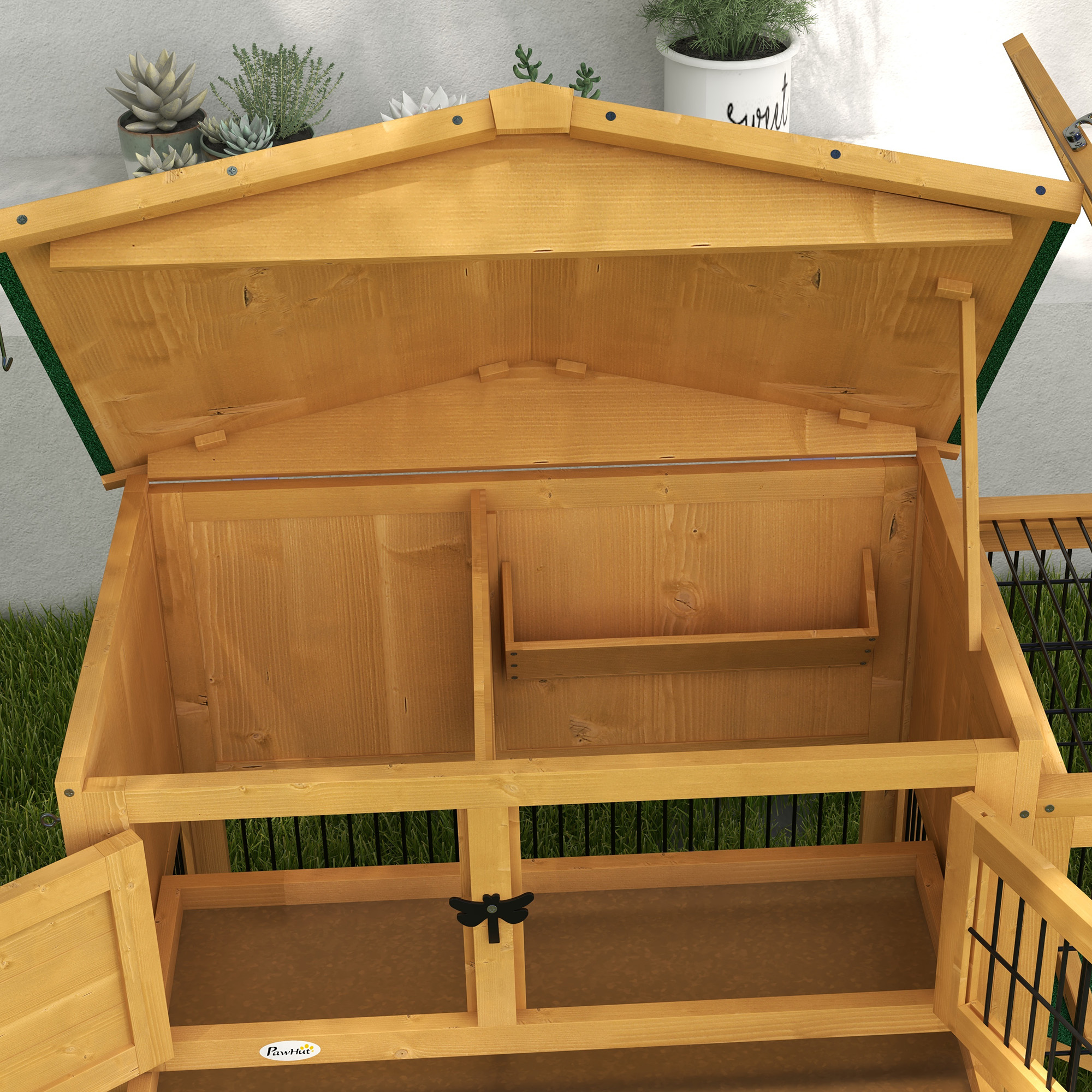 Hasenstall 2 Ebenen Kaninchenstall Tannenholz Winterfest Doppelstockhaus mit Freilaufgehege Rampe 150x52x68 cm Gelb
