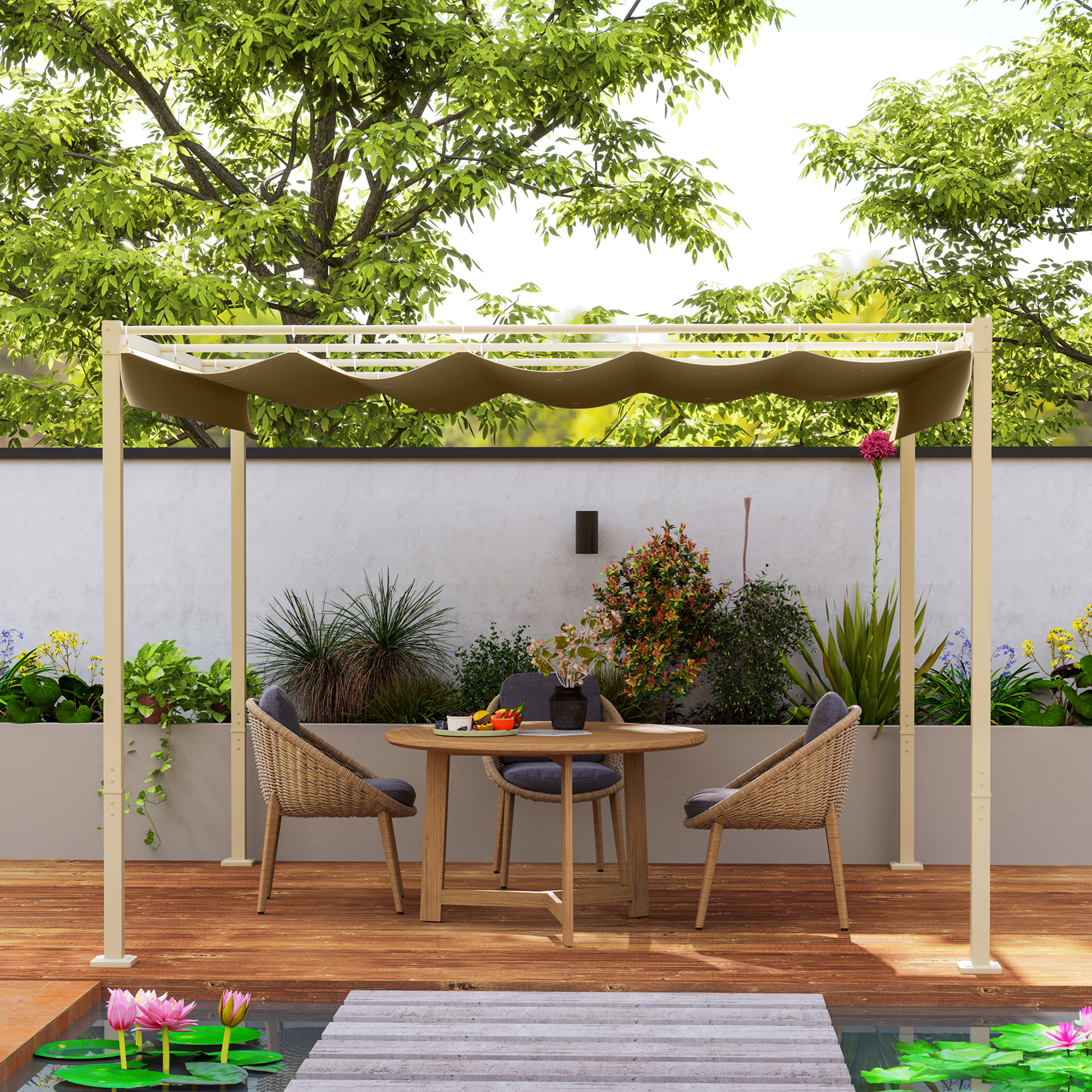 3 x 3 m Garten-Pergola mit einziehbarem Dach, Pavillon, Baldachin für Schatten, UPF30+, Khaki