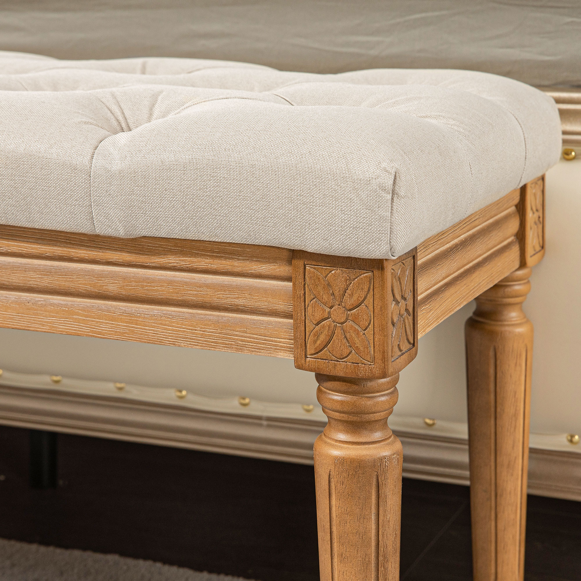 Polsterbank mit Knopfheftung, Bettbank, Vintage Design, 120x41x48cm, Cremeweiß