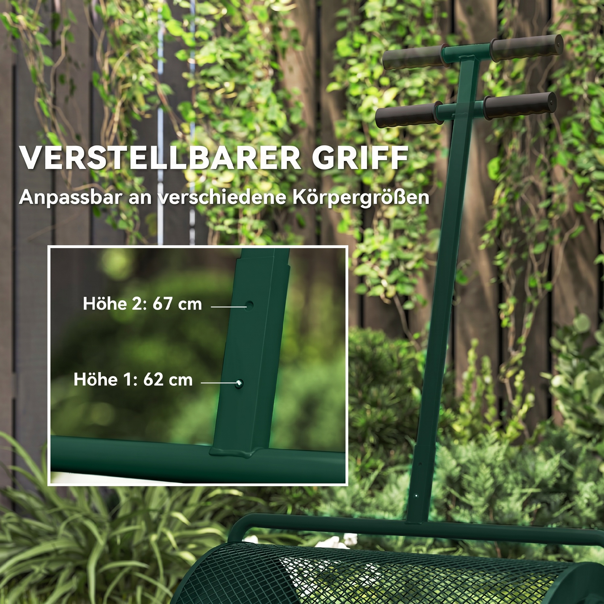 Kompoststreuer 75L 61x40cm Düngerstreuer Rasen Garten mit T-Griff Mesh-Korb Metall Grün