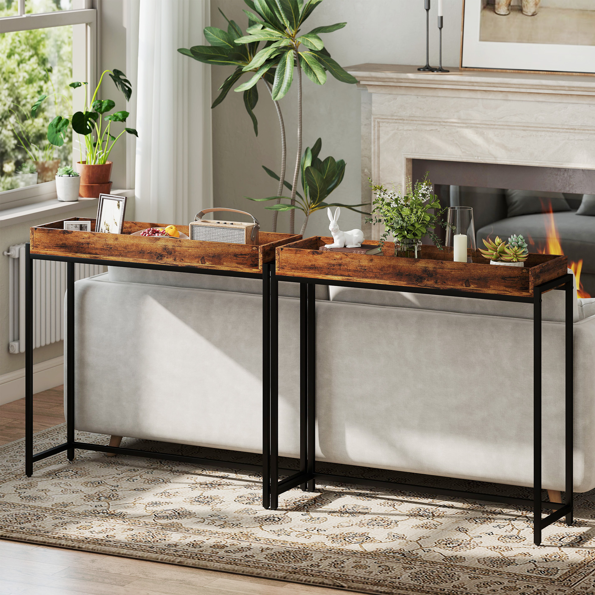 Flurtisch, schmaler Konsolentisch, Metall, Spanplatte, Rustikal-Braun