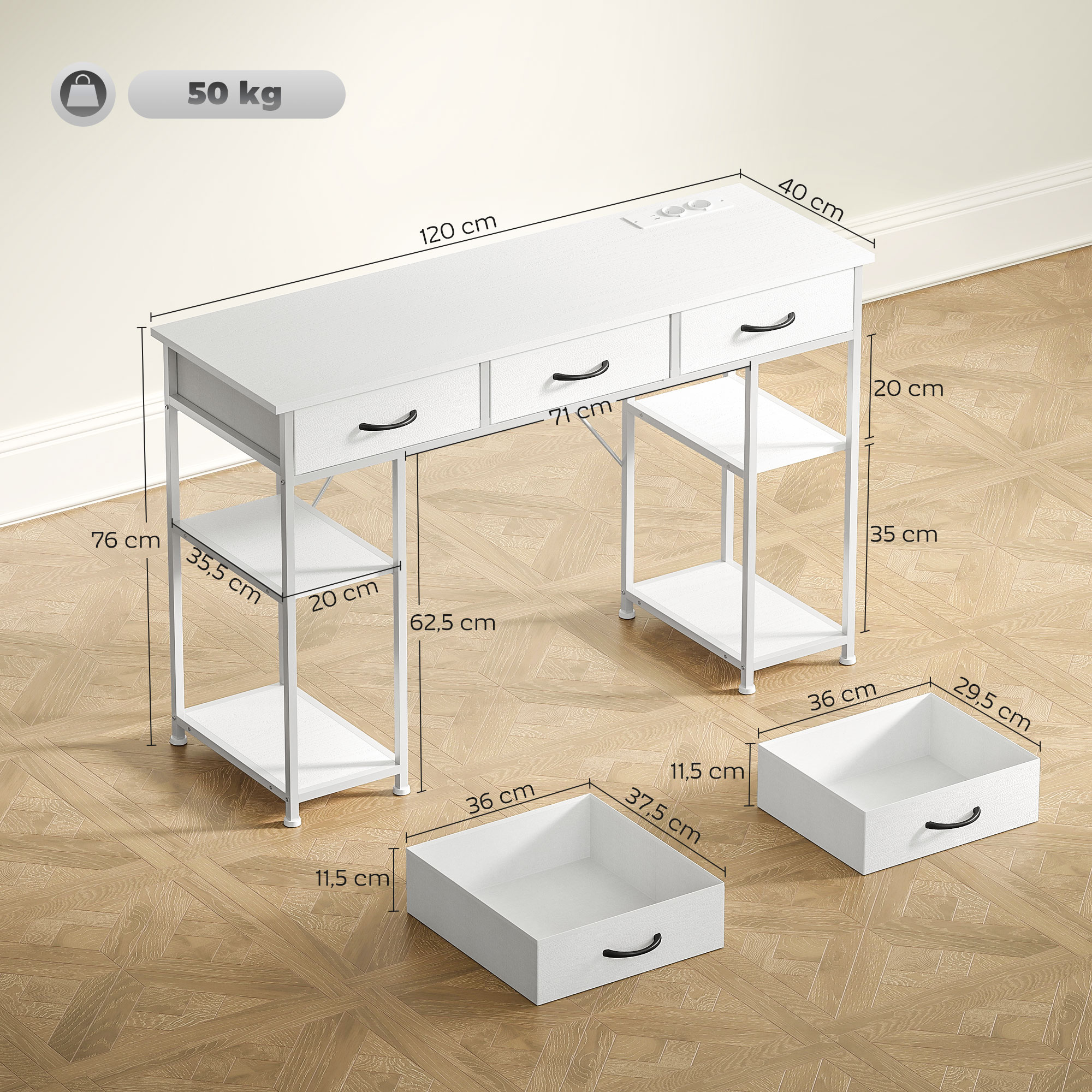 Schreibtisch Küchentisch mit 2 USB-Ladeanschlüssen 2 Steckdosen verstellbare Regale 3 Stoffschubladen 120x40x76 cm Weiß
