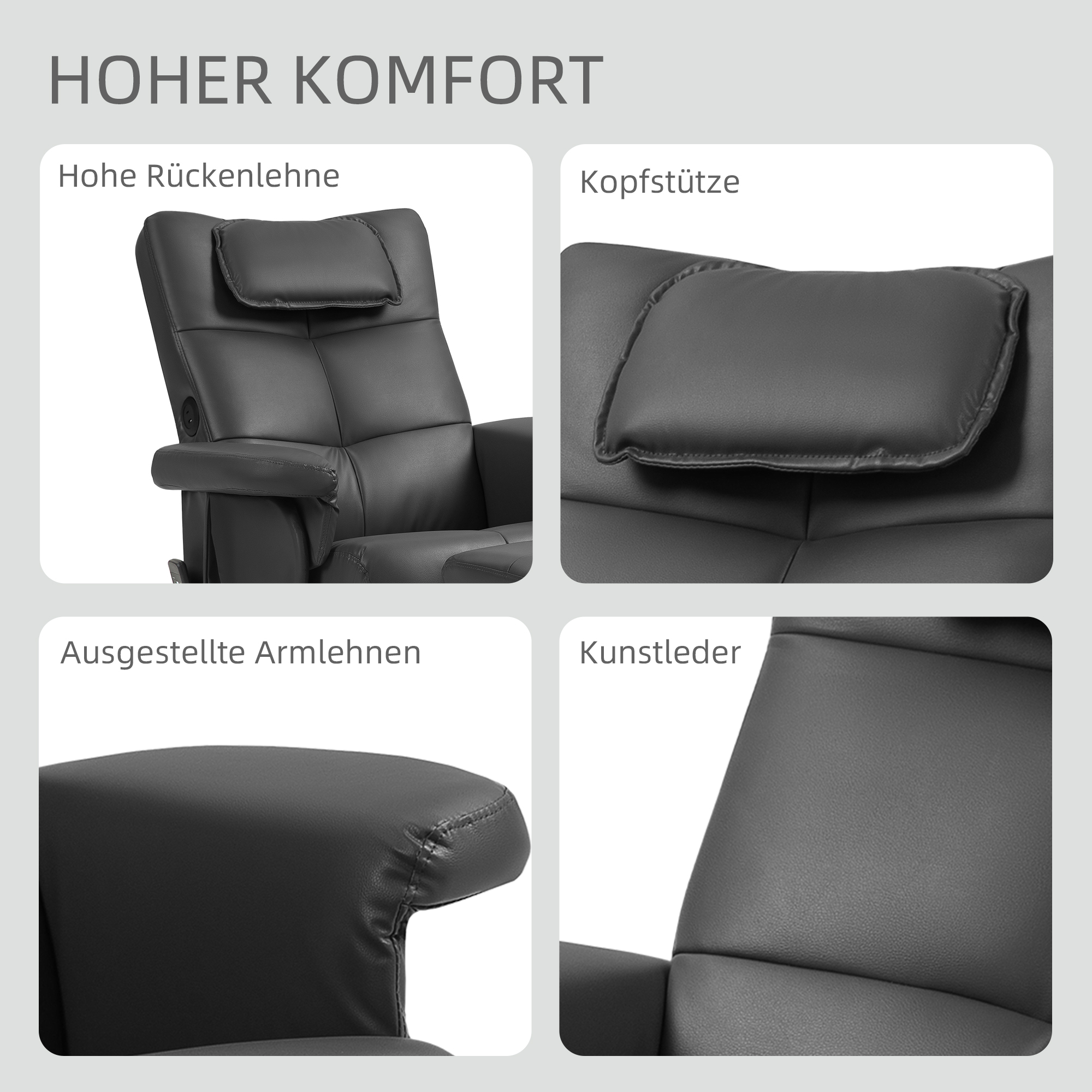 Massagesessel mit Hocker, verstellbare Lehne, USB-Ladeport, Lederoptik, bis 150 kg, Schwarz
