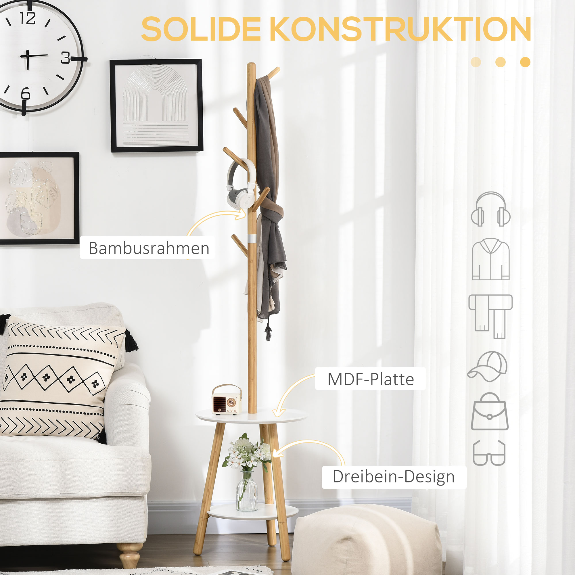 Garderobenständer mit Beistelltisch im Skandi-Design, 5 Kleiderhaken, 39, 5 cm x 39,5 cm x 171 cm, Natur + Weiß
