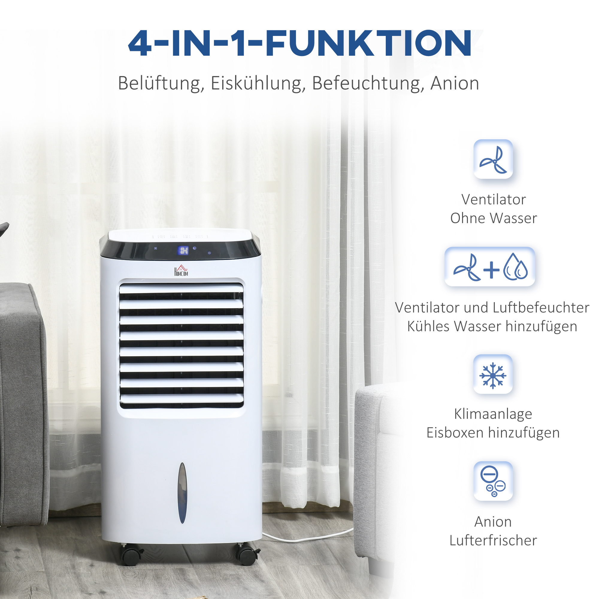 10L 4 in 1 Mobile Klimaanlage mit Luftbefeuchtung Wasserkühlung Klimagerät Luftkühler 8h Timer Fernbedienung Nutzungsraum 20? 60W ABS Weiß+Schwarz 38,2 x 31,6 x 76 cm
