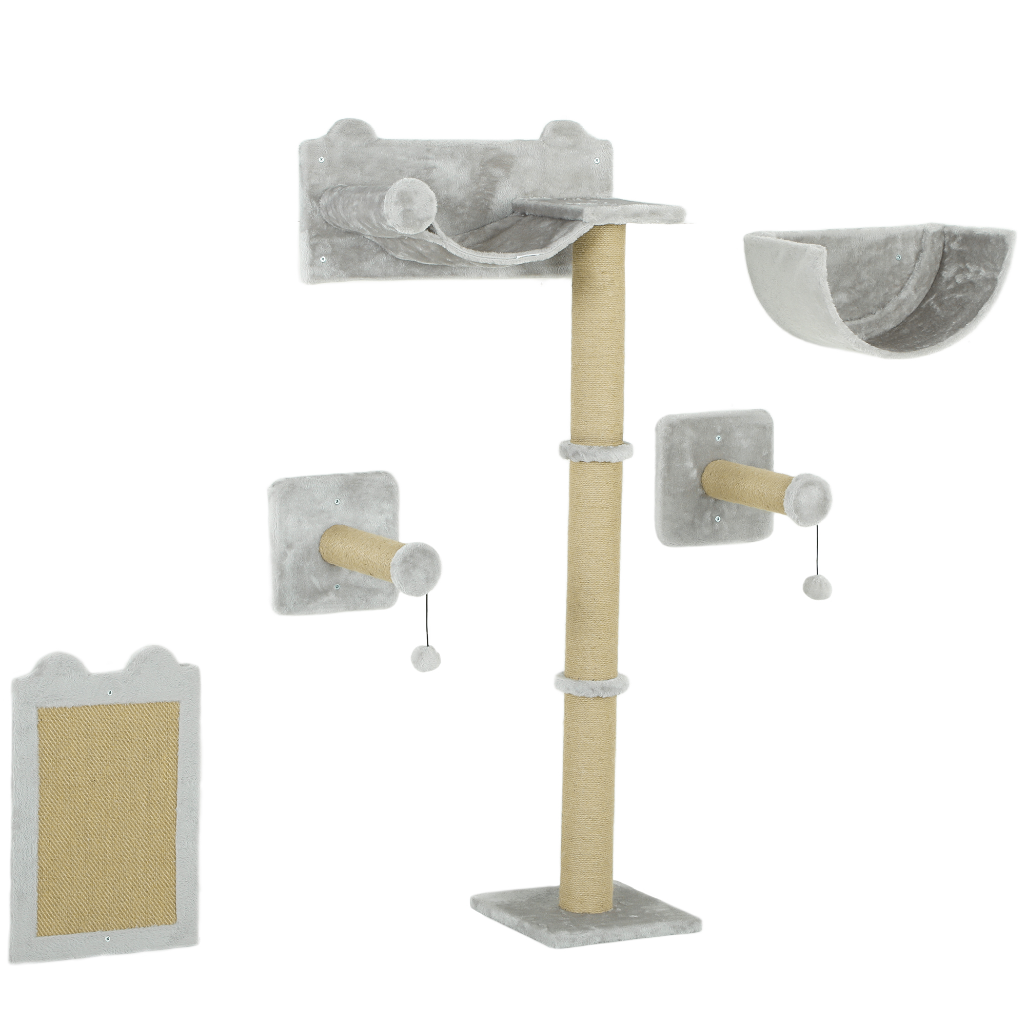 5-teiliges wandmontiertes Kletterset für Hauskatzen mit Kratzpfosten, Kratzmatte, Katzenbett, Spielzeugbällen, Hellgrau