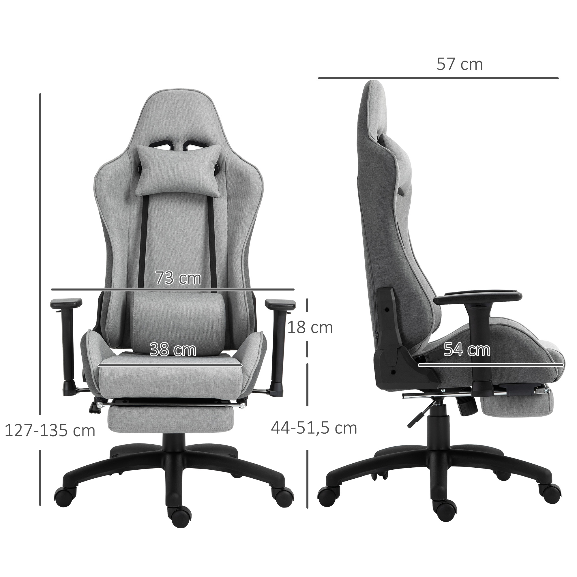 Bürostuhl Computerstuhl Drehstuhl mit abnehmbarem Kopf- und Lendenkissen Wippenfunktion ergonomischer Schreibtischstuhl drehbar höhenverstellbar mit Fußstütze PP Grau 73x57x127-135 cm