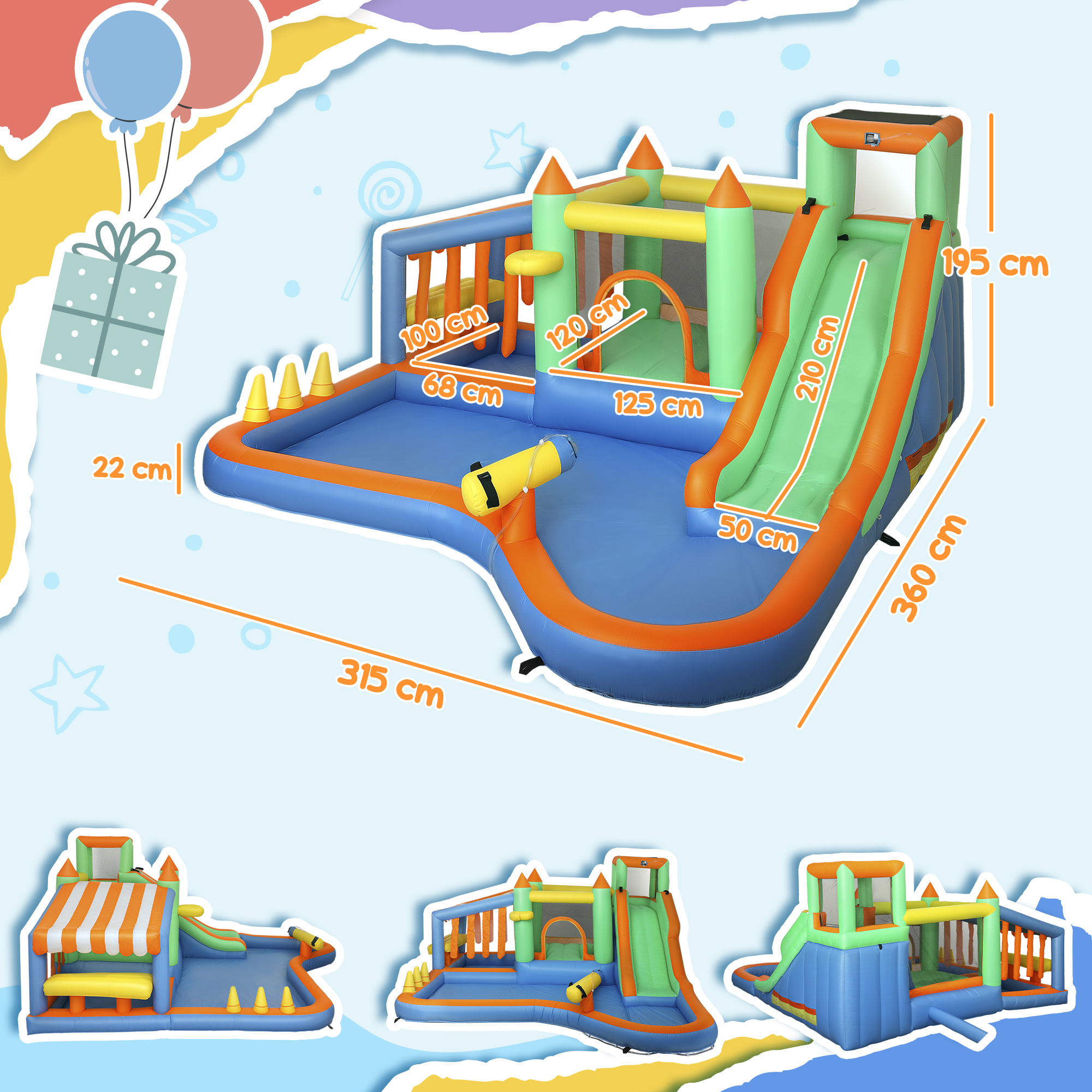 Hüpfburg für Kinder, mit Wasserrutsche, Planschbecken, Kletterwand, für drinnen und draußen, 360 x 315 x 195 cm, Bunt