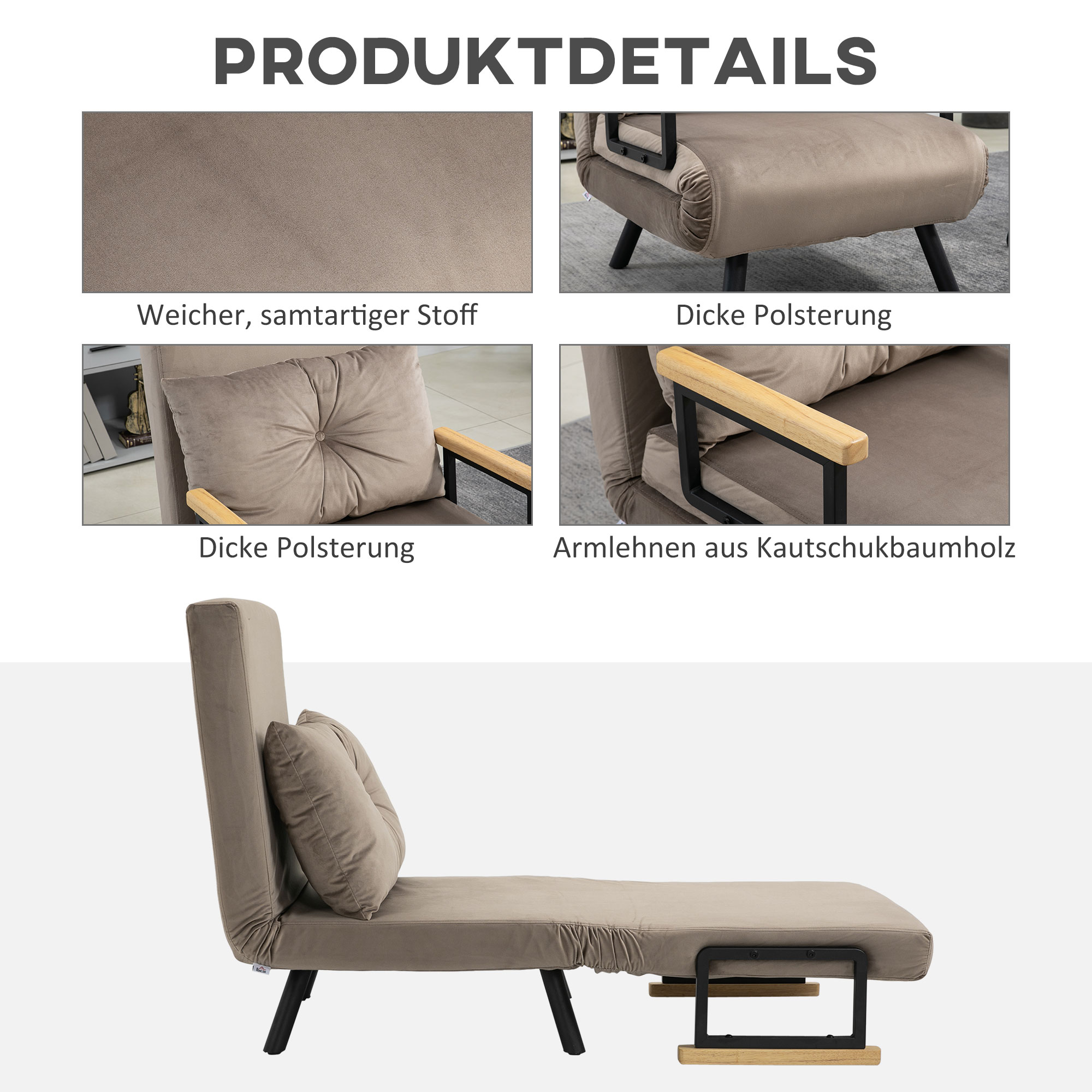 Schlafsessel, Gästebett, verstellbare Rückenlehne, bis 120 kg, Stahllrahmen, 63x73x81cm, Hellbraun