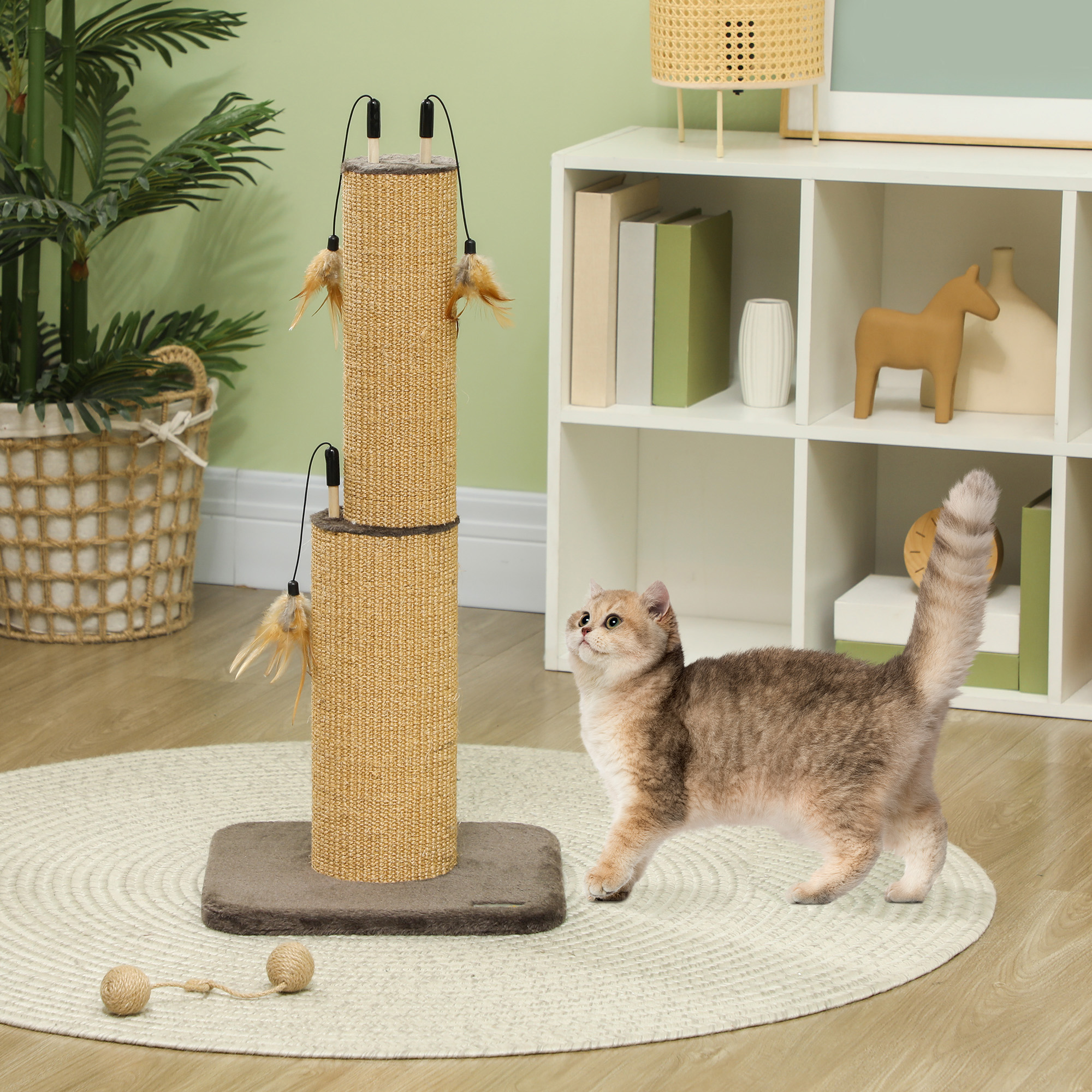 78 cm 2-in-1 Katzenkratzpfosten mit 3 Spielzeugfedern, Braun