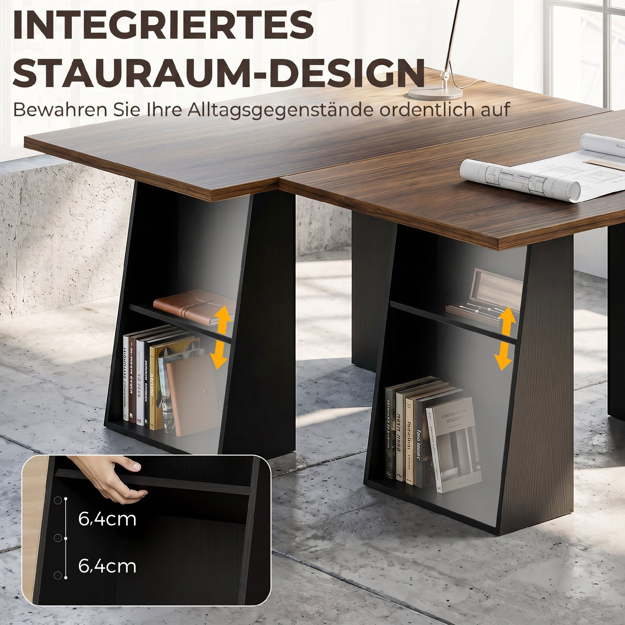 Schreibtisch mit 4 offenen Ablagen, Industrial Design, 140 cm, Braun-Schwarz