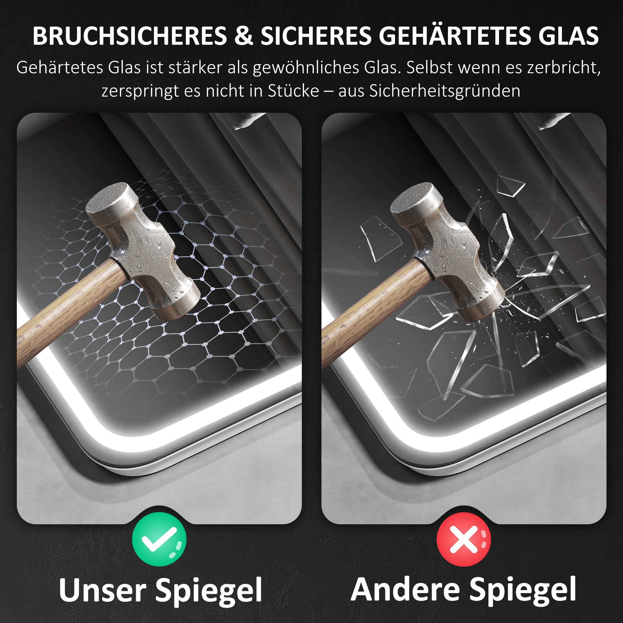 Badezimmerspiegel mit LED-Beleuchtung, Anti-Beschlags-Pad, 3 verstellbare Farben, Silberfarben
