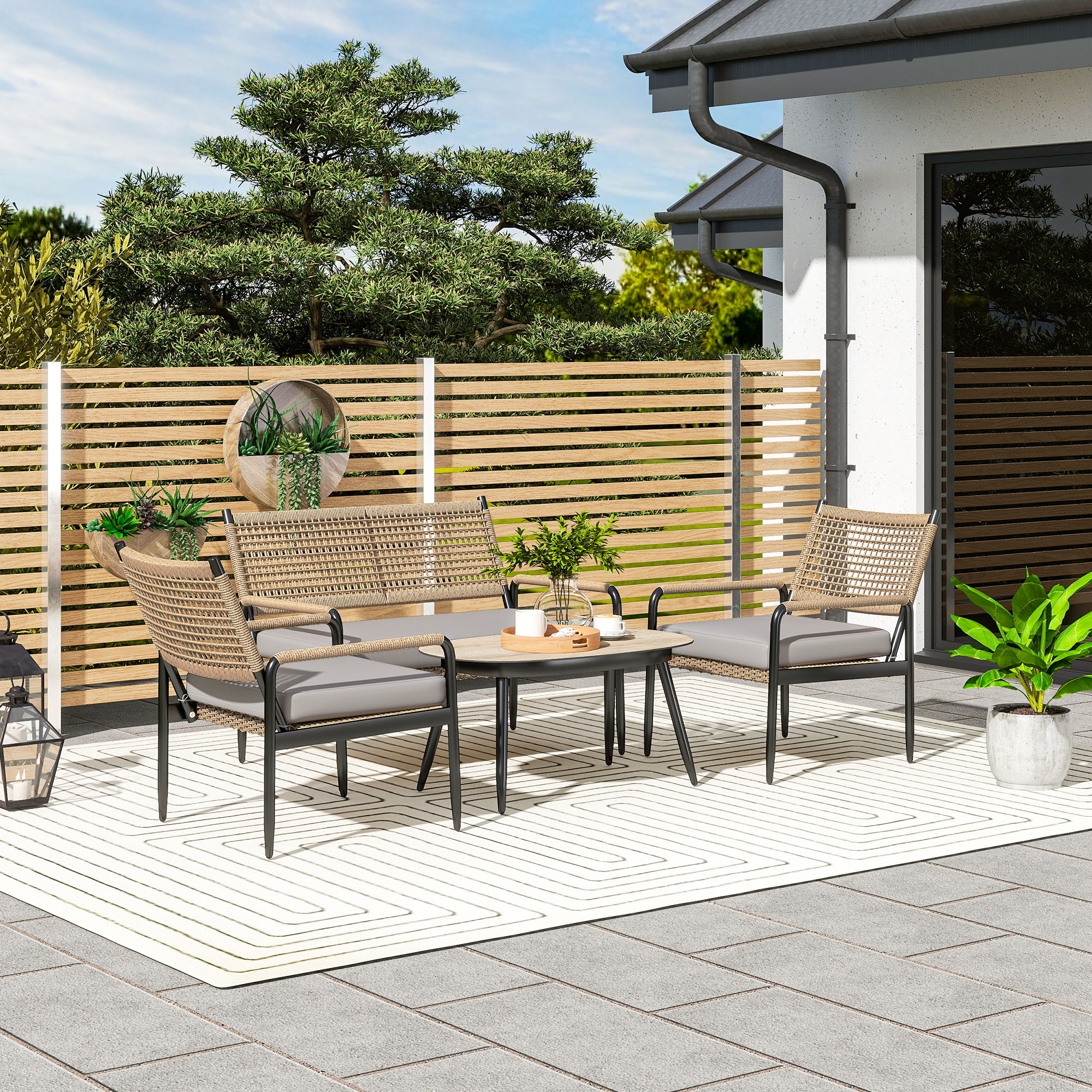 Gartenmöbel Set aus Polyrattan Lounge-Set mit 2er Sofa Sessel Glastisch Kissen für 4 Personen Dunkelgrau+Gelb