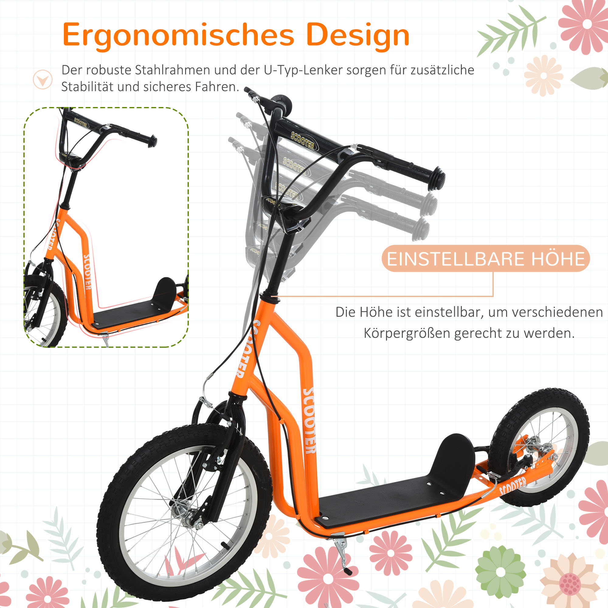 Kinderroller ab 5 jahre Scooter Tretroller Cityroller Kinder Roller Kickboard mit Luftreifen16/12 Zoll Orange 135 x 58 x 88-94 cm