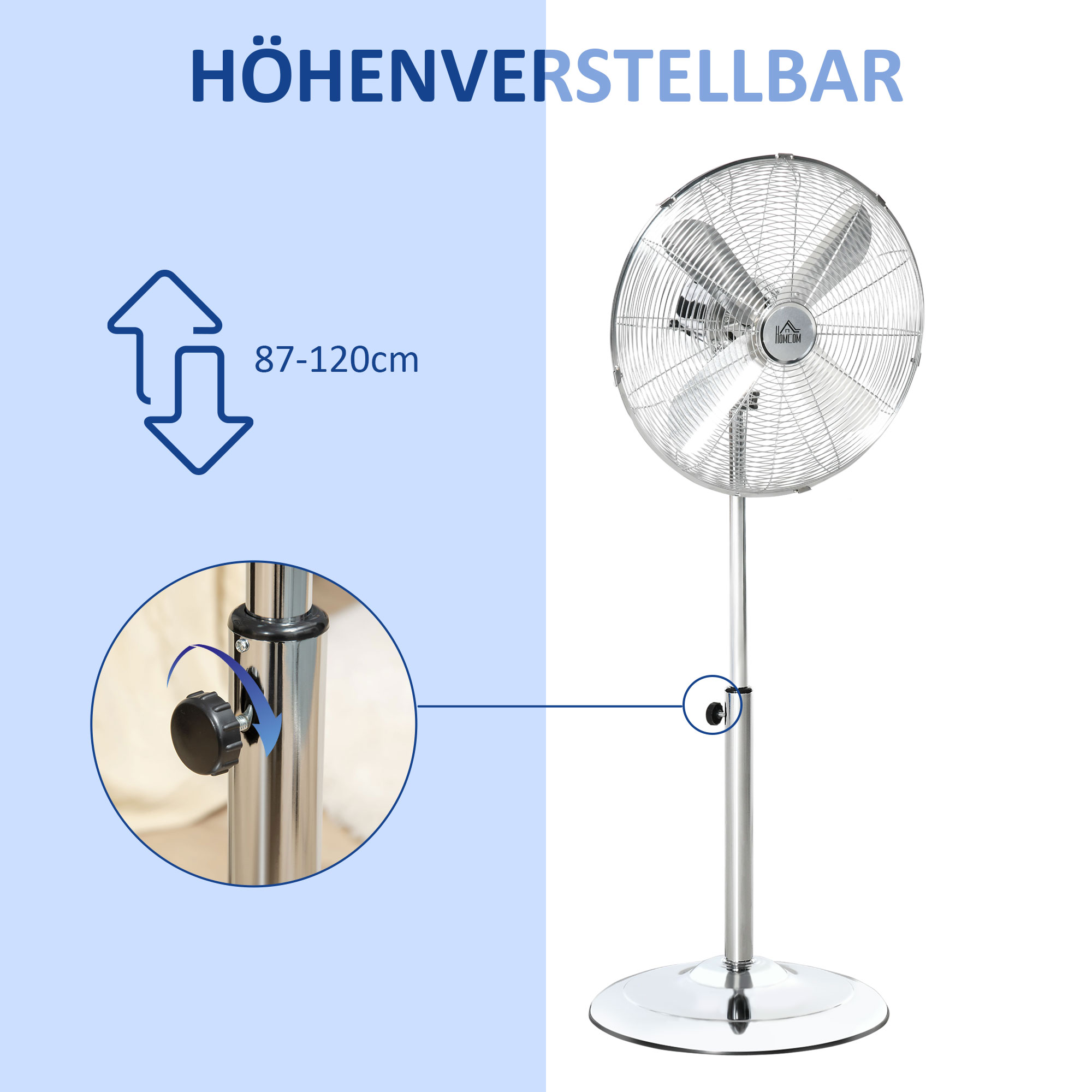 120 cm Standventilator, Ventilator, Höhenverstellbarer Lüfter, 3 Geschwindigkeitsstufen, Verstellbarer Neigungswinkel, Stahl, Silber
