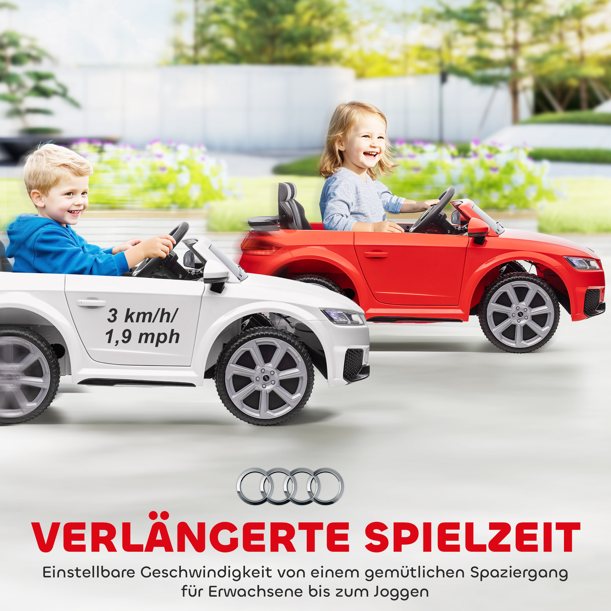 Kinderfahrzeug Audi TT RS Roadster, 3 km/h, Fernbedienung, LED, USB, weiß