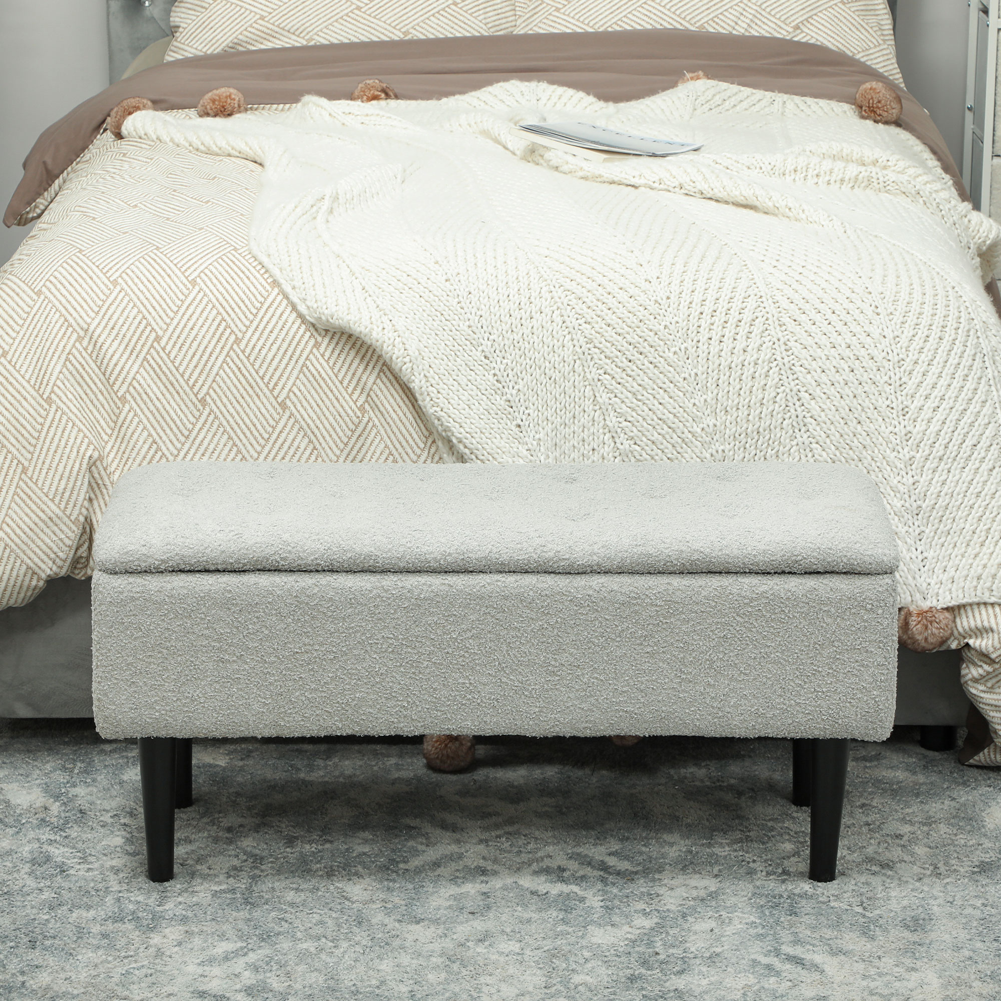 Sitztruhe, Sitzbank mit Stauraum, bis 120kg, Samtoptik, 95x38x45cm, Grau