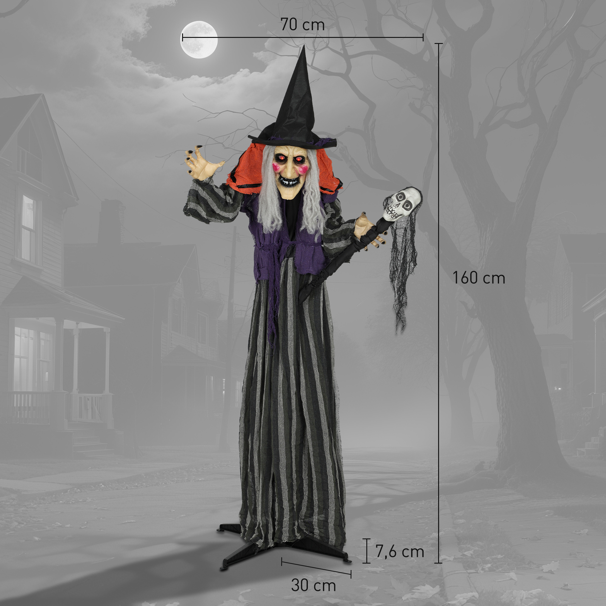 160 cm Halloween Dekoration Halloween Hexe mit LED-Lichter, Soundfunktion verstellbare Arme, Körper