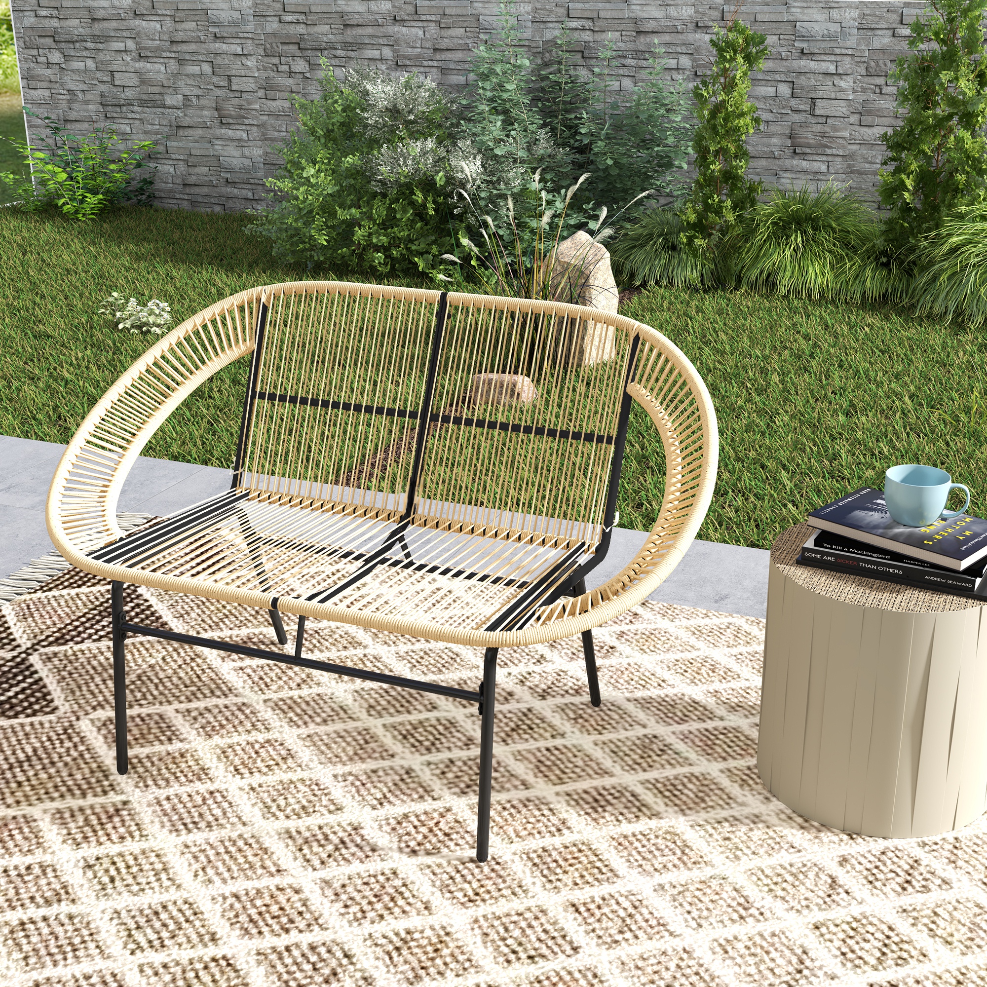 2-Sitzer Gartenbank Polyrattan, wetterfest Sitzbank im Rattanflecht-Design, UV-Beständig 260kg belast Khaki