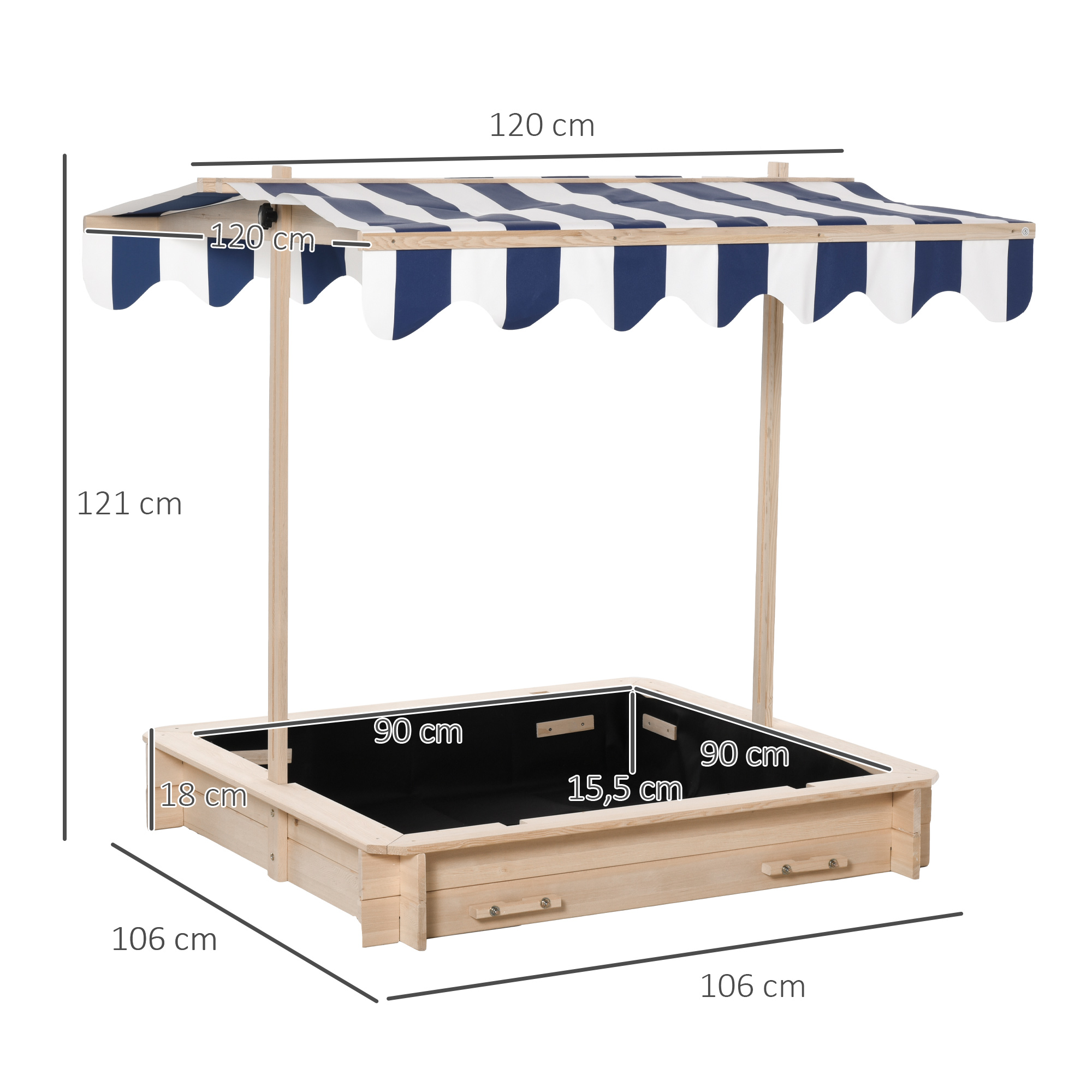 Sandkasten 106x106 cm Kinder Sandbox mit höhenverstellbar Abdeckung, Sandkiste aus Holz mit Sitzbänken Rücklehnen für Outdoor Garten Terrasse Balkon