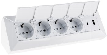 4-fach Steckdosenblock, USB-A+C, weiß, 250V~/ 16A, USB 3,1A, PD, mit Klappen 4-fach Steckdosenblock, USB-A+C, weiß, 250V~/ 16A, USB 3,1A, PD, mit Klappen