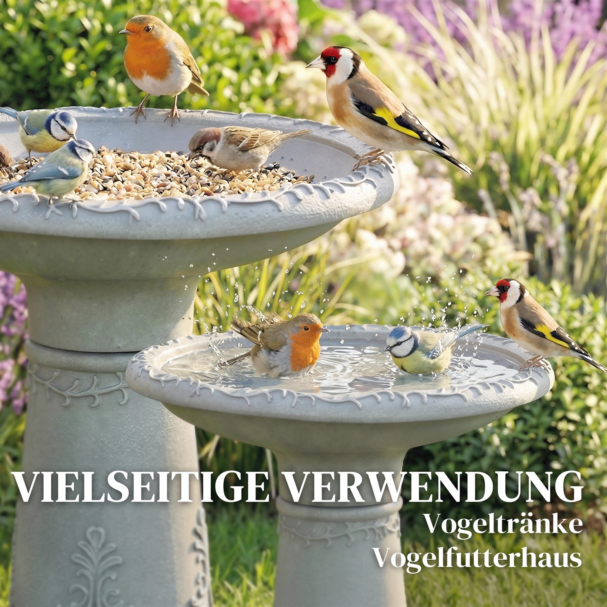 Vogelbad aus Harz für den Außenbereich, 51 cm rundes Vogelbad mit Steinoptik, freistehender Vogelfutterspender, Grau