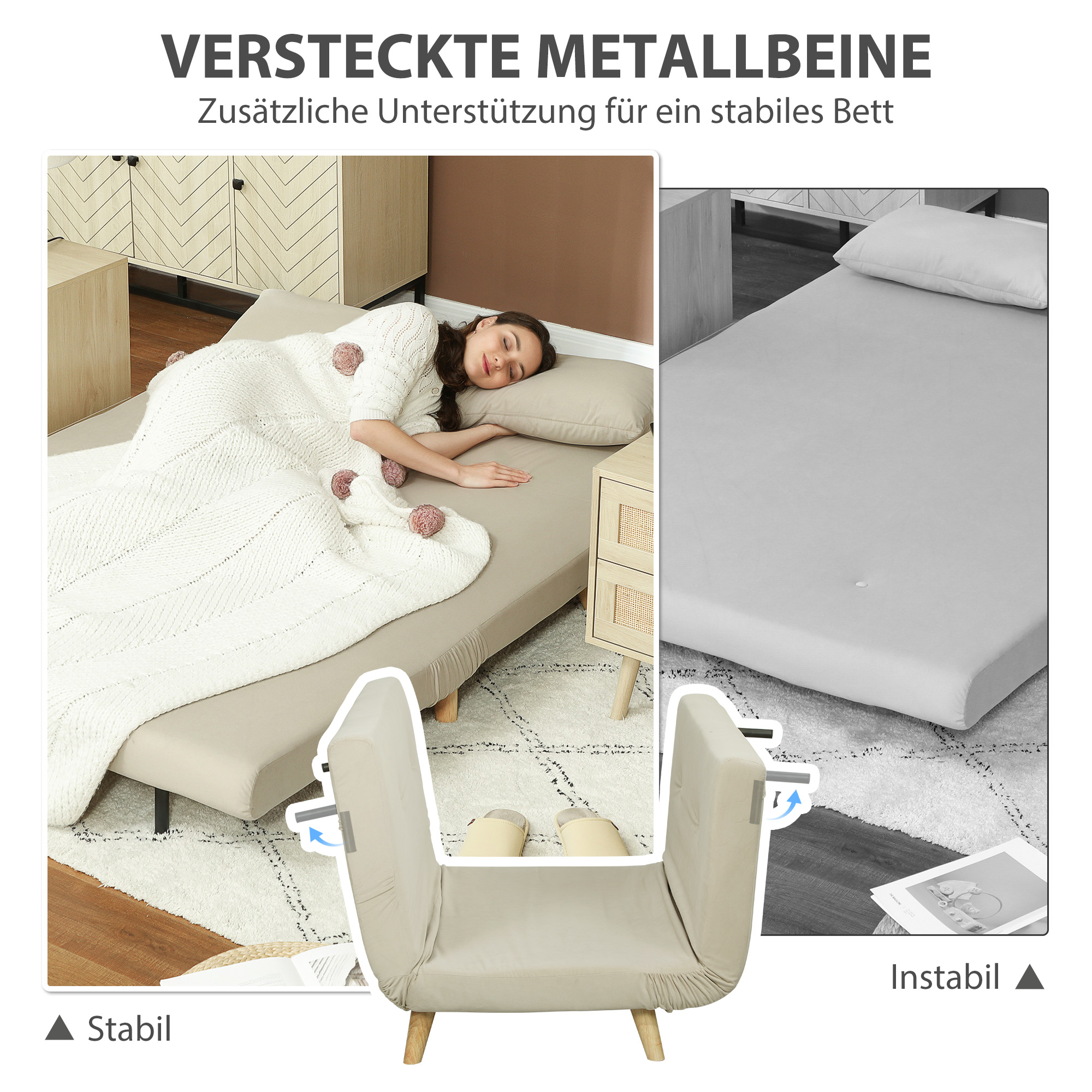 Schlafsofa Relaxsofa Sofa Couch, inkl. 2 Kissen, Samtoptik, 130 x 78 x 79 cm, Beige
