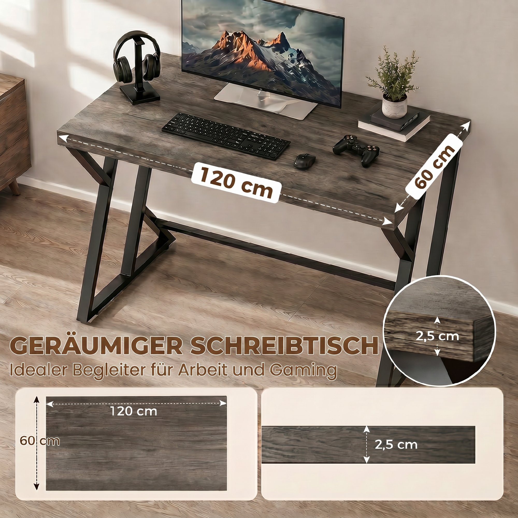 Schreibtisch Computertisch 120x60cm Bürotisch mit Z-förmigem Metallfuß, Holzoptik, Industriedesign für Büro, Grau