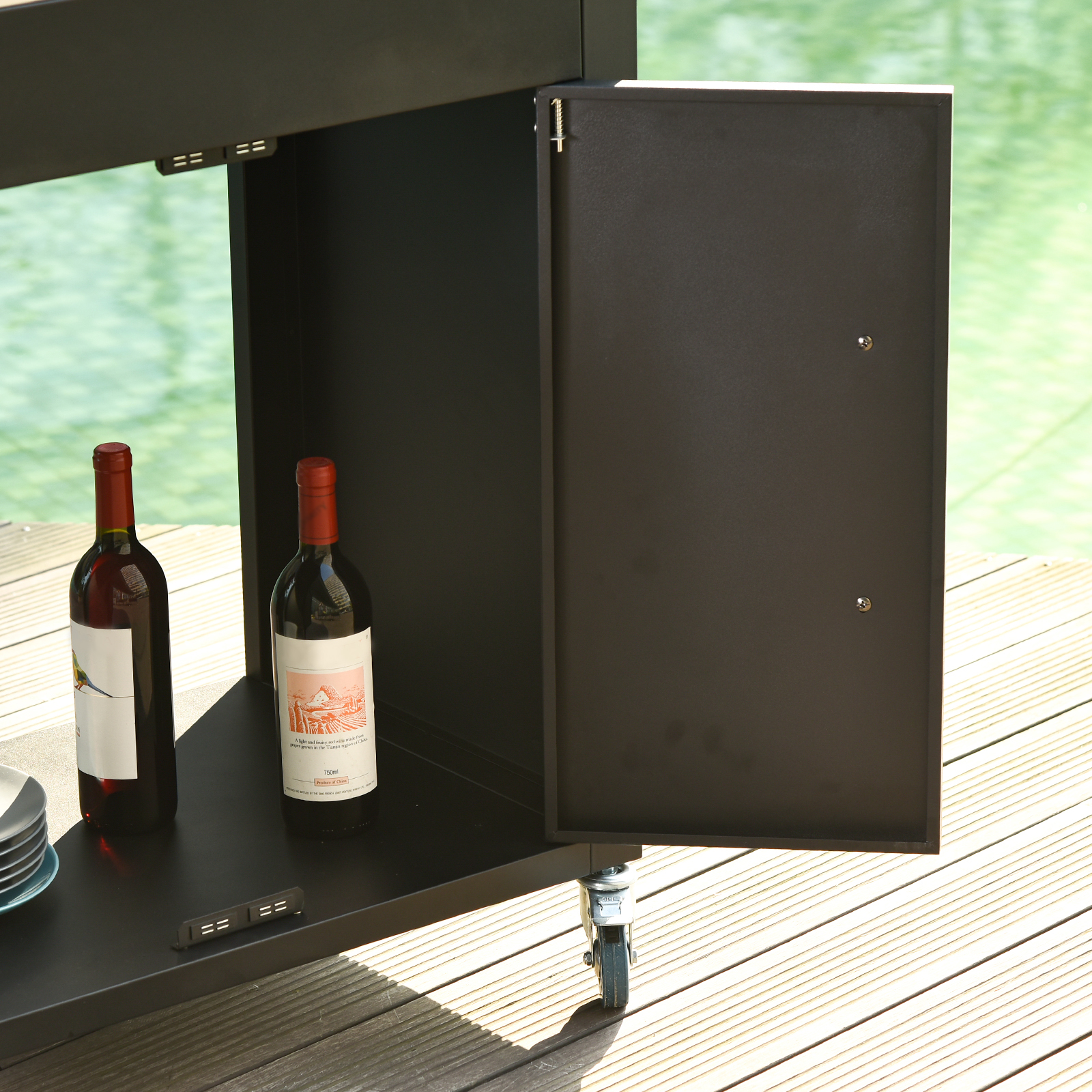 Küchenwagen mit Rollen, Servierwagen, Rollwagen mit Schrank, Haken und Edelstahlgriffe, Küchenhilfe, BBQ Grilltisch aus Edelstahl Küchentrolley, 86 x 50 x 86,5 cm Schwarz