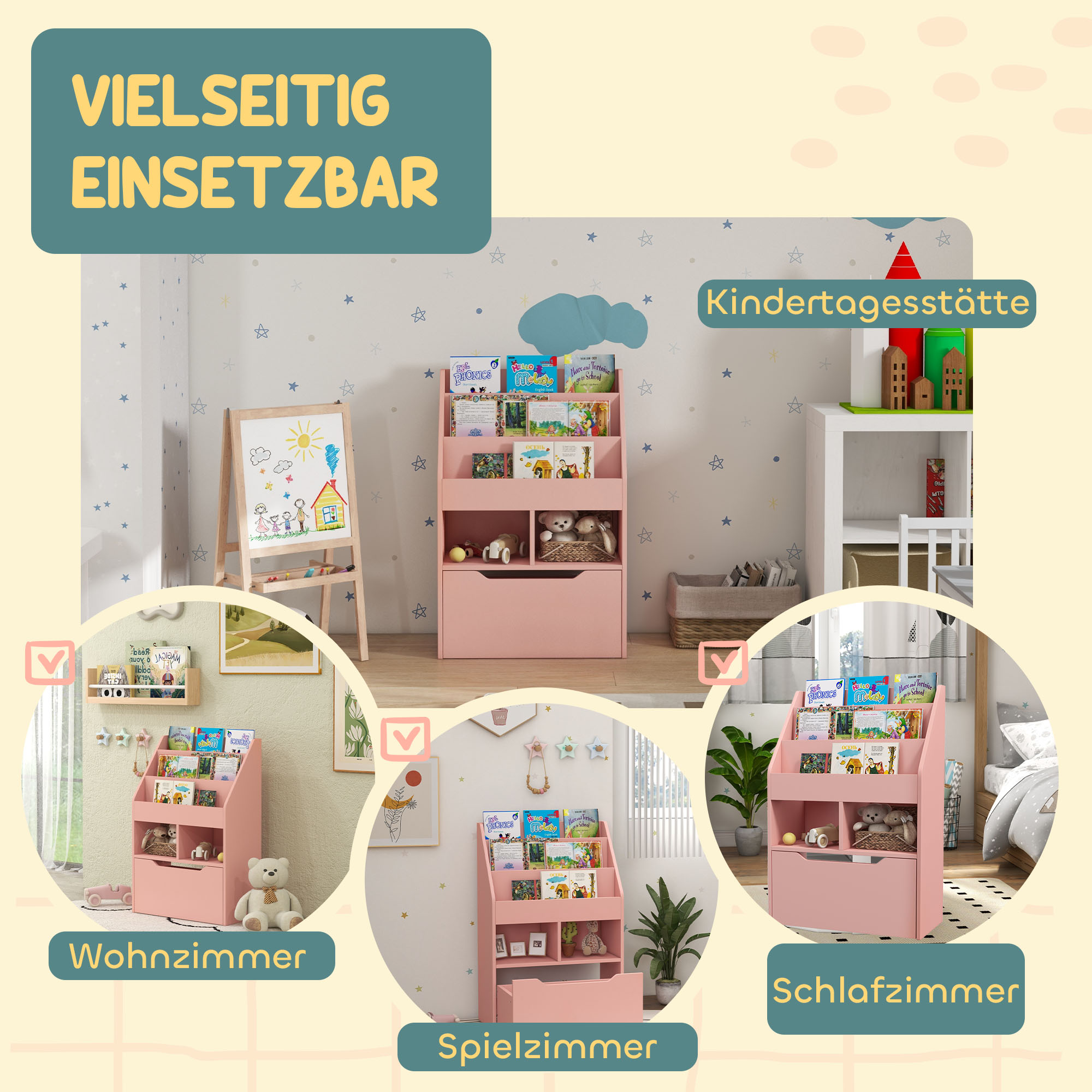 Kinderregal mit Schublade, Bücherregal mit Fächern, 60 x 29,9 x 90 cm, Rosa