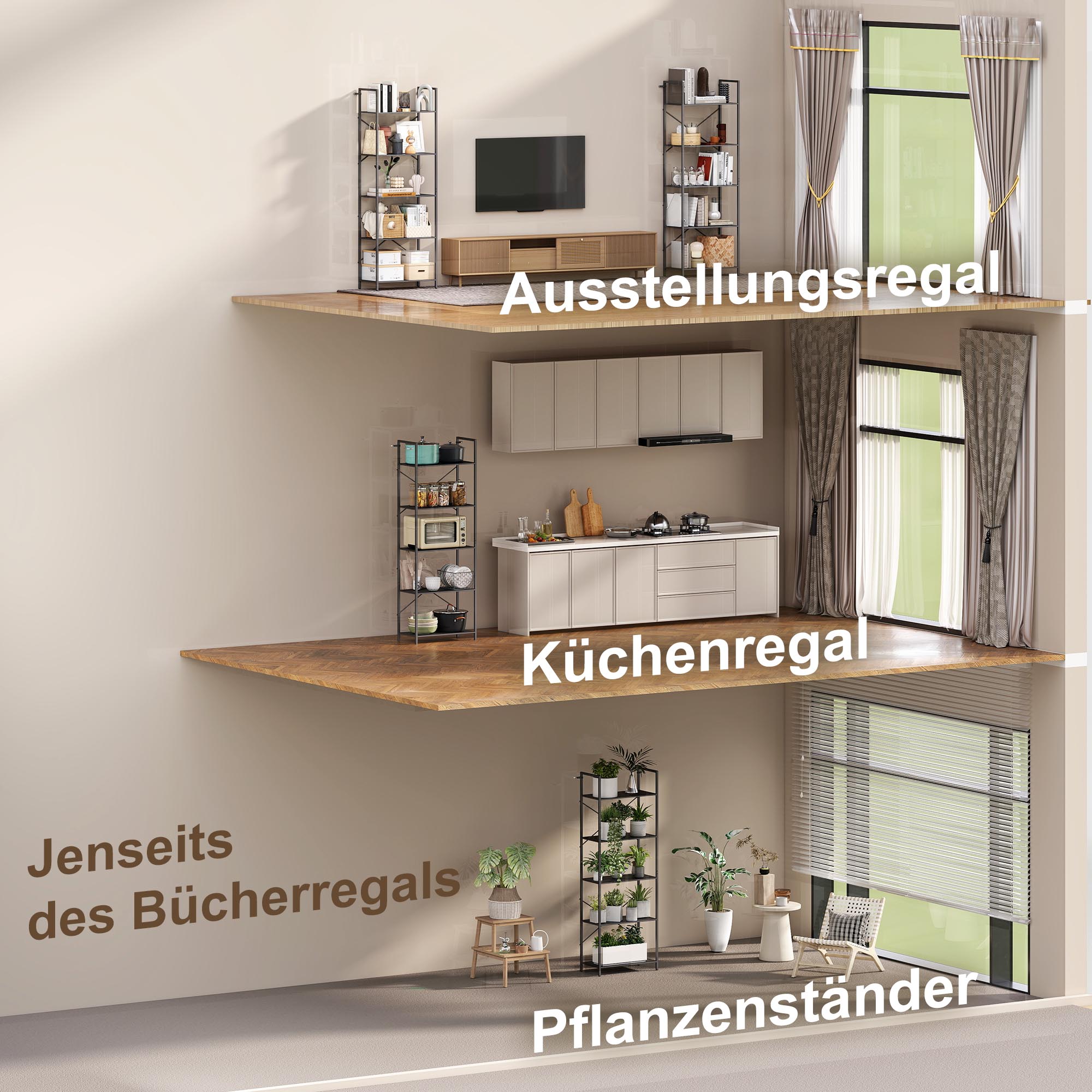 Bücherregal, Standregal mit 5 Ebenen, Industrielles Büroregal mit Metallrahmen, offenes Aufbewahrungsregal für Wohnzimmer, Büro, Arbeitszimmer, 60x30x170,5 cm, Schwarz