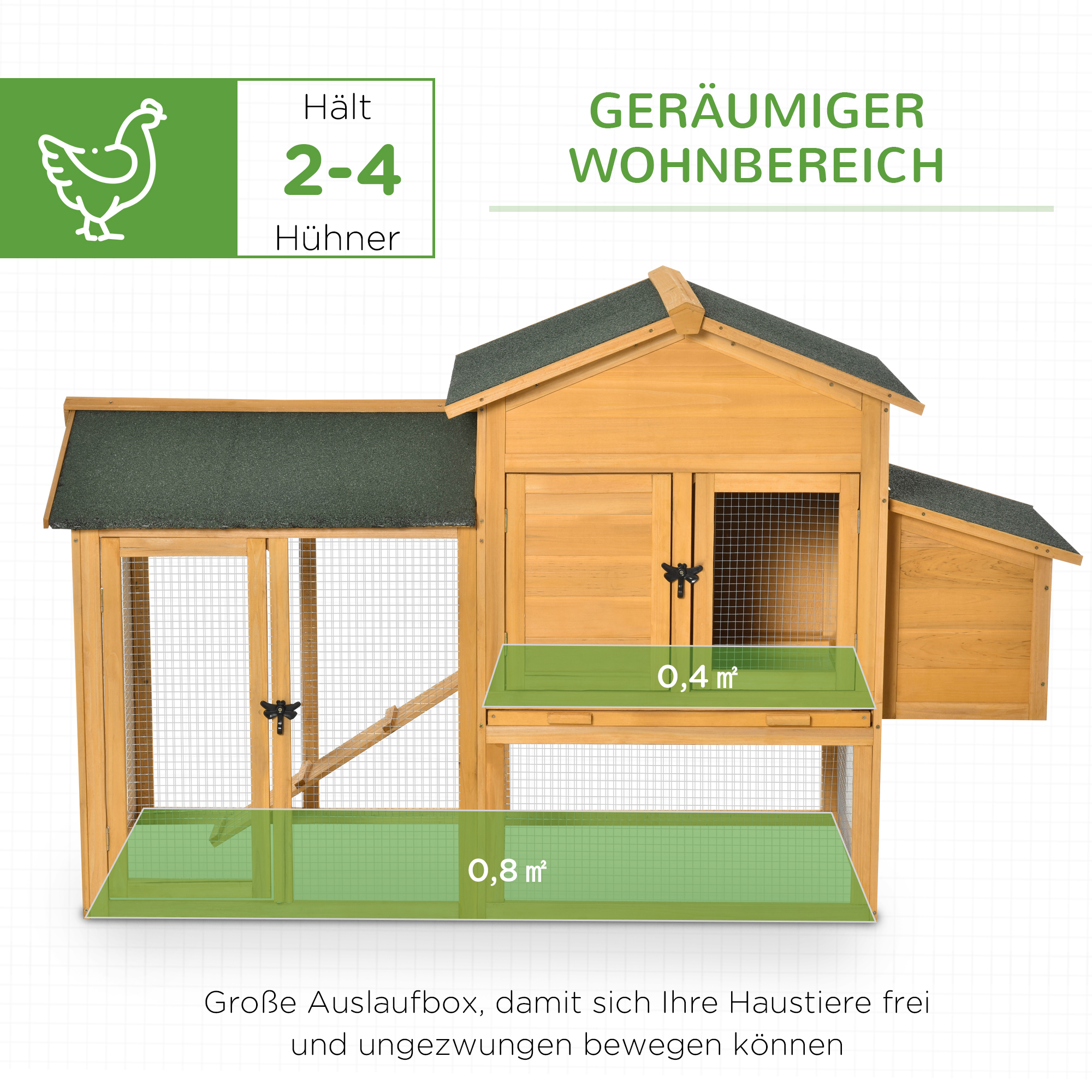 Zwerghühnerstall mit Freilauf und Brutkasten Wetterbeständig versiegeltes Tannenholz, Asphaltdach Natur + Grün