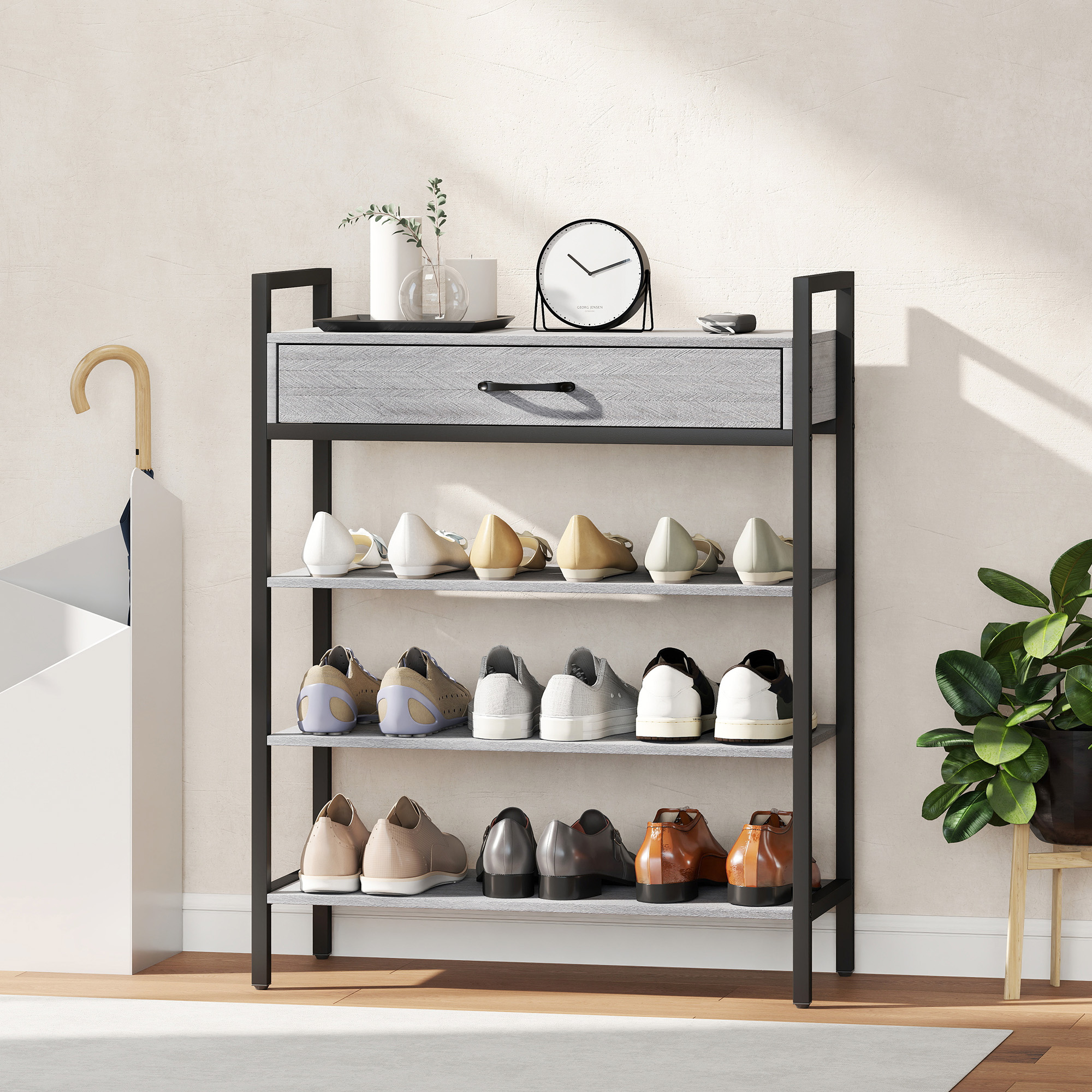 4-stufiges Schuhregal, Flurregal für bis zu 9 Paar Schuhe, Spanplatte, Metall, Grau