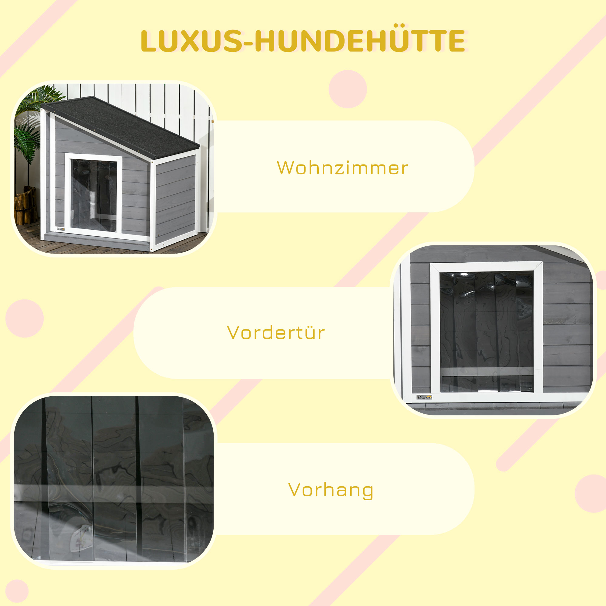 Hundehütte aus Massivholz, wetterbeständig, Asphaltdach, 71 cm x 58 cm x 77 cm, Grau + Weiß