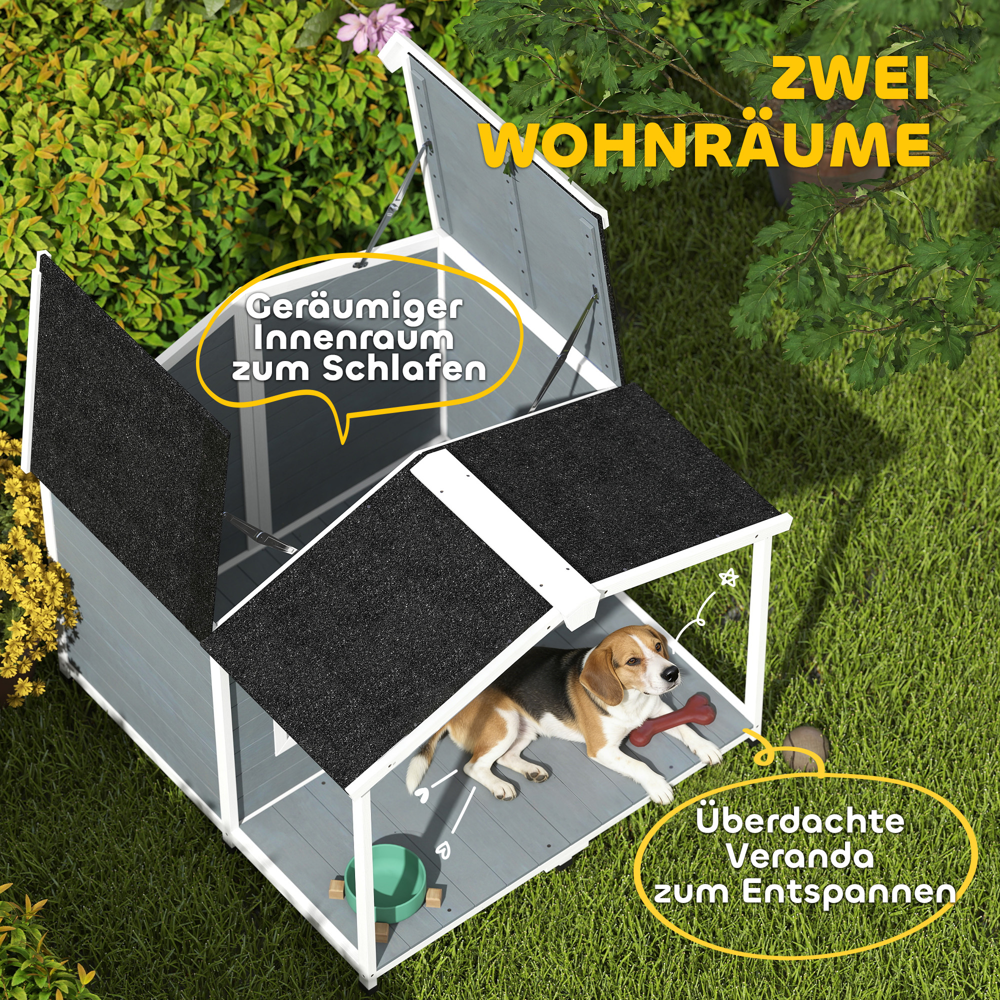Hundehütte wetterfestes erhöhtes Hundehaus aus Holz mit Asphaltdach, Terrasse, für mittelgroße Hunde 103x107x83,5cm Grau