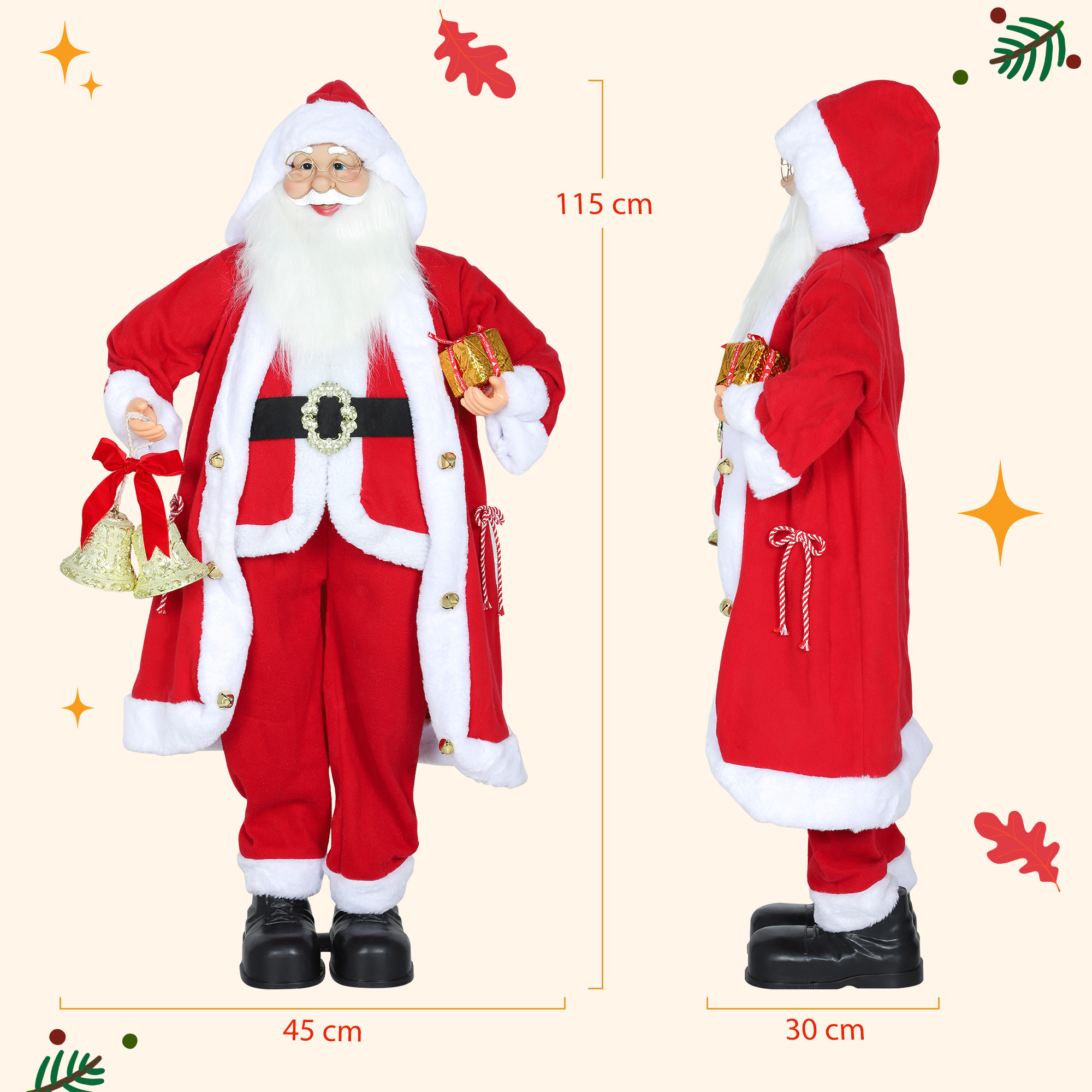 Weihnachtsmann 1,15 m stehende Weihnachtsmann mit Geschenk- und Weihnachtsglock Indoor, Rot
