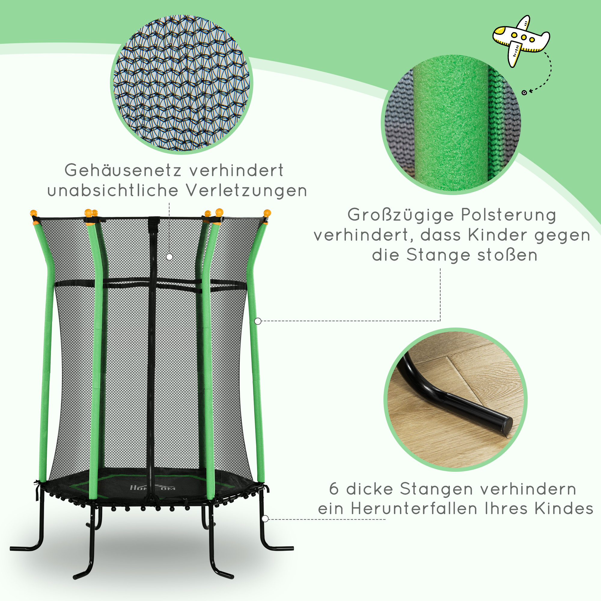 Trampolin für Kinder, Ø163,5 cm, mit Sicherheitsnetz, gepolstert, Stahl, belastbar bis 50 kg