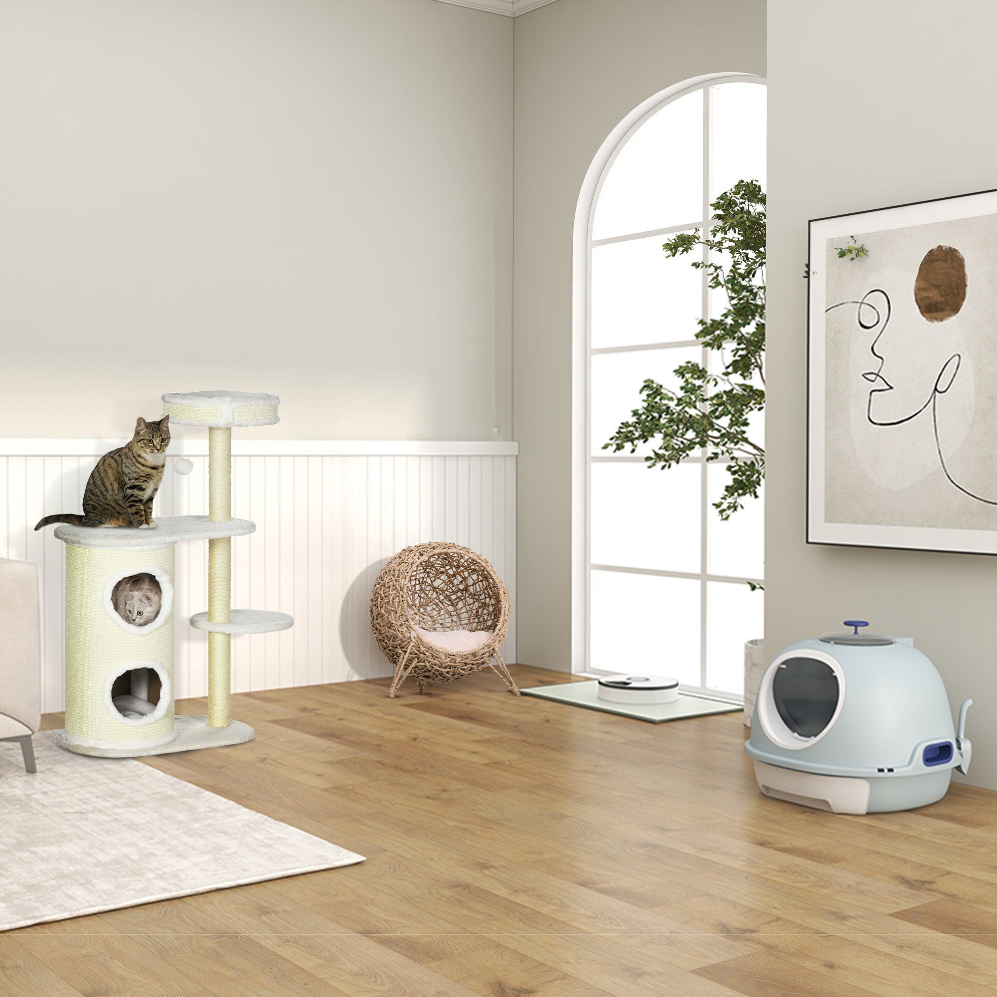 Katzentoilette mit Dachfenster, Katzenklo mit Bodenschale, mit Schaufel, Tragbar, PP ABS, See-Blau, 47 x 55 x 44 cm