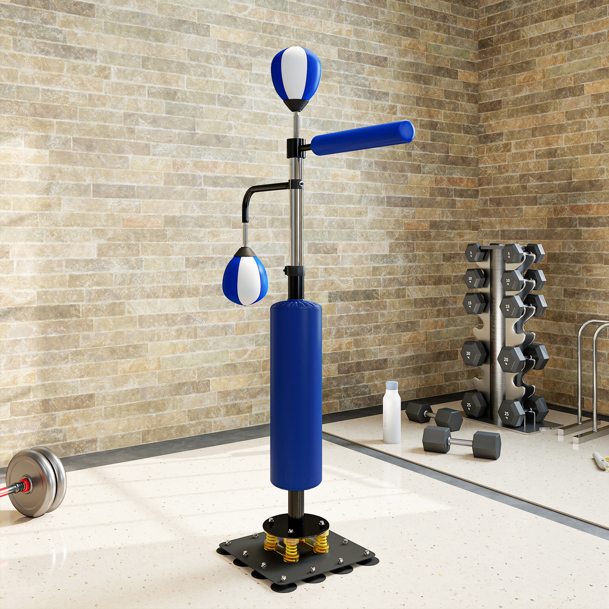 Boxstand, zwei Speedballs, drehbare Boxstange, Kickpolster, höhenverstellbar, Stahl, 107 x 36 x 140-205 cm, Blau