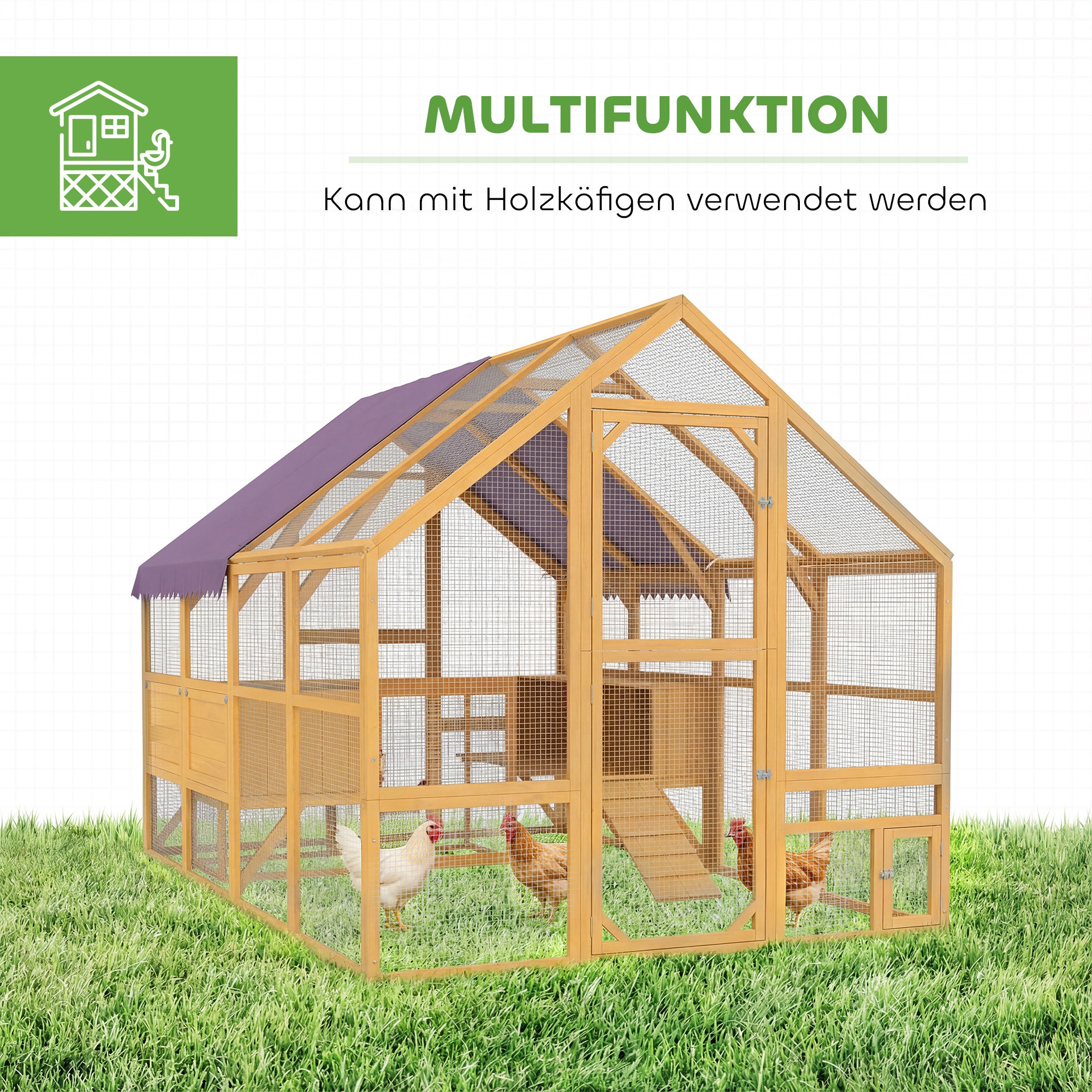 Hühnerstall Holz mit Freilauf, Sicherheitsschloss, Tür, 4 Nistkasten, für 8-12 Hühner, ca. 2,8 x 1,8 x 1,9 m, Gelb