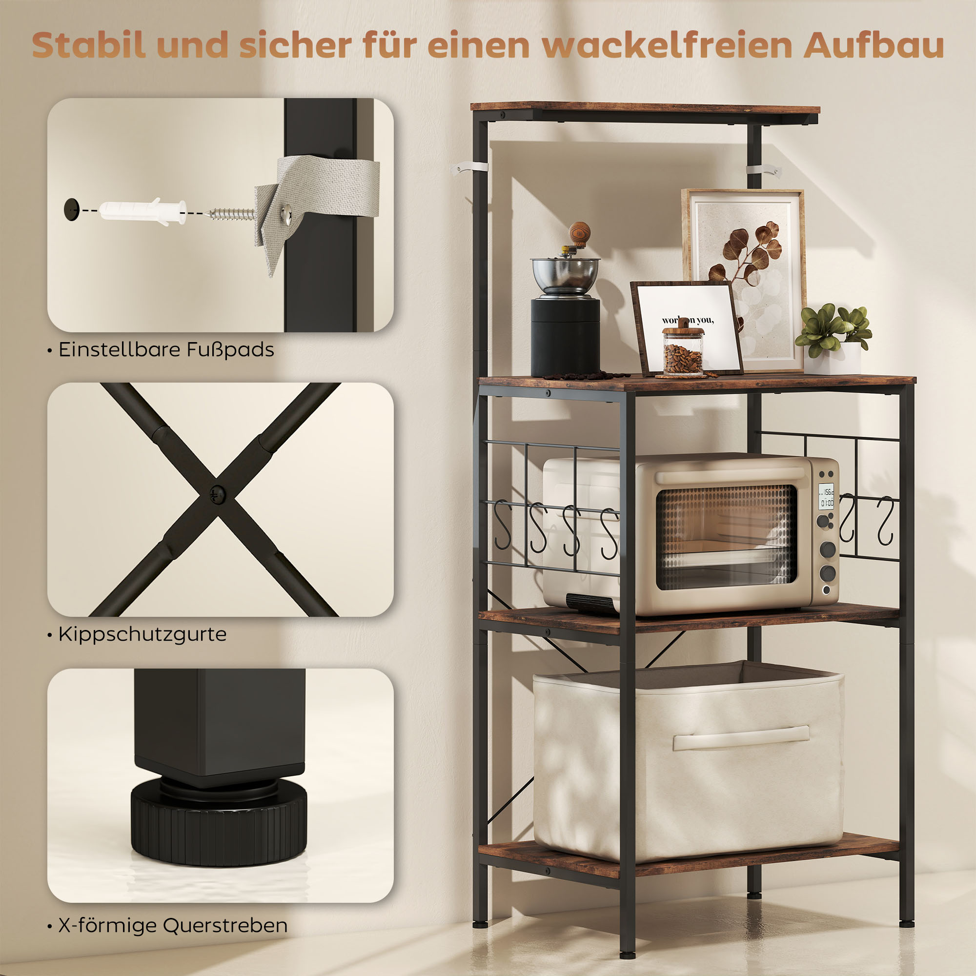 Küchenregal, 4-stufiges Design, Arbeitsplatte, 8 Haken, Metallrohre, Braun+Schwarz