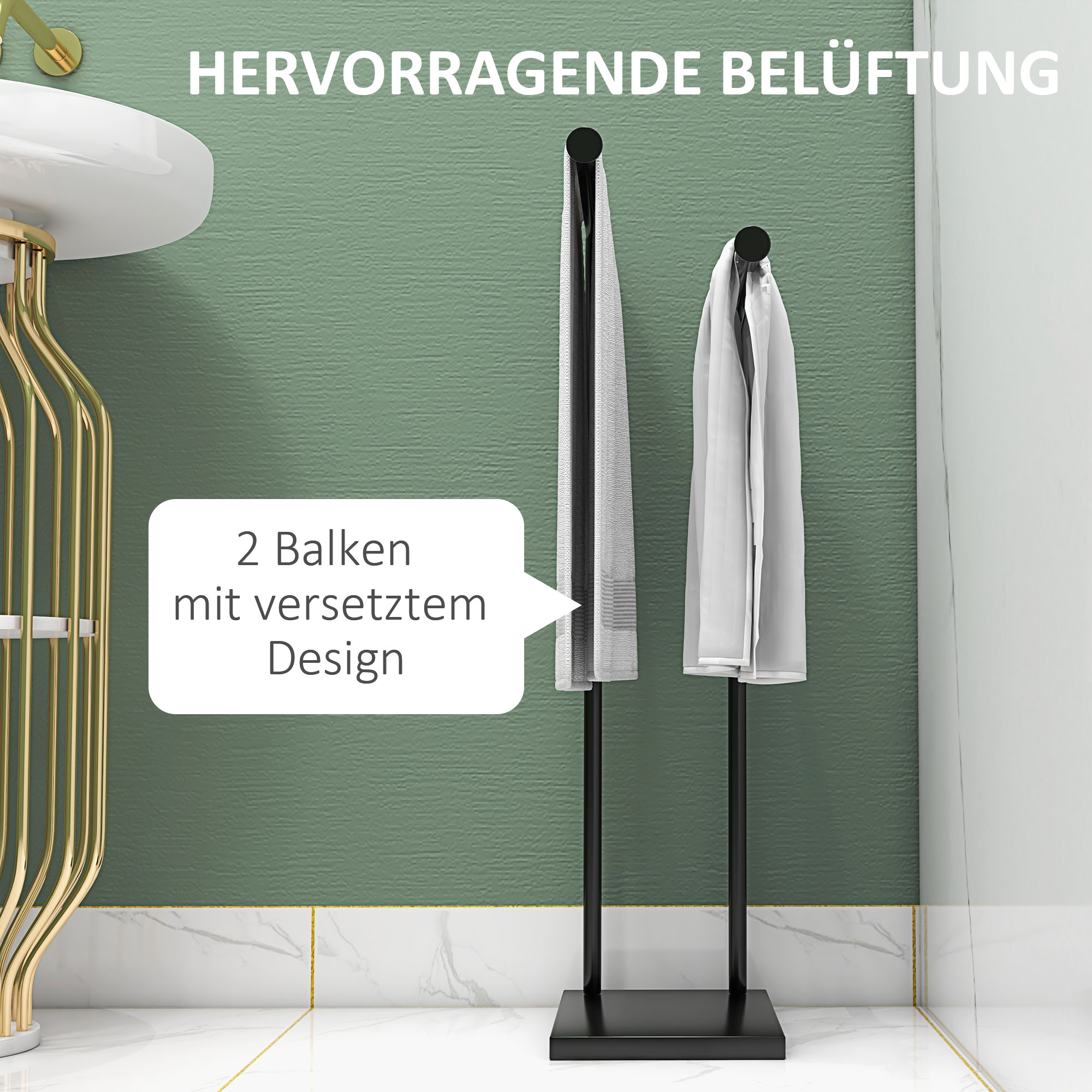 Handtuchhalter Stehend Handtuchständer mit 2 Stangen für Badezimmer, Badetücher Schwarz 35,5 x 20 x 78 cm